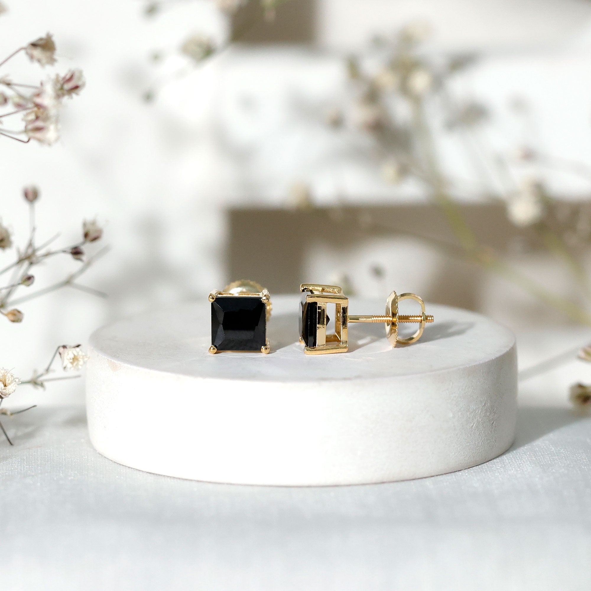 Natural Black Onyx Princess Cut Earrings with Screw Back AAA - Rosec Jewels