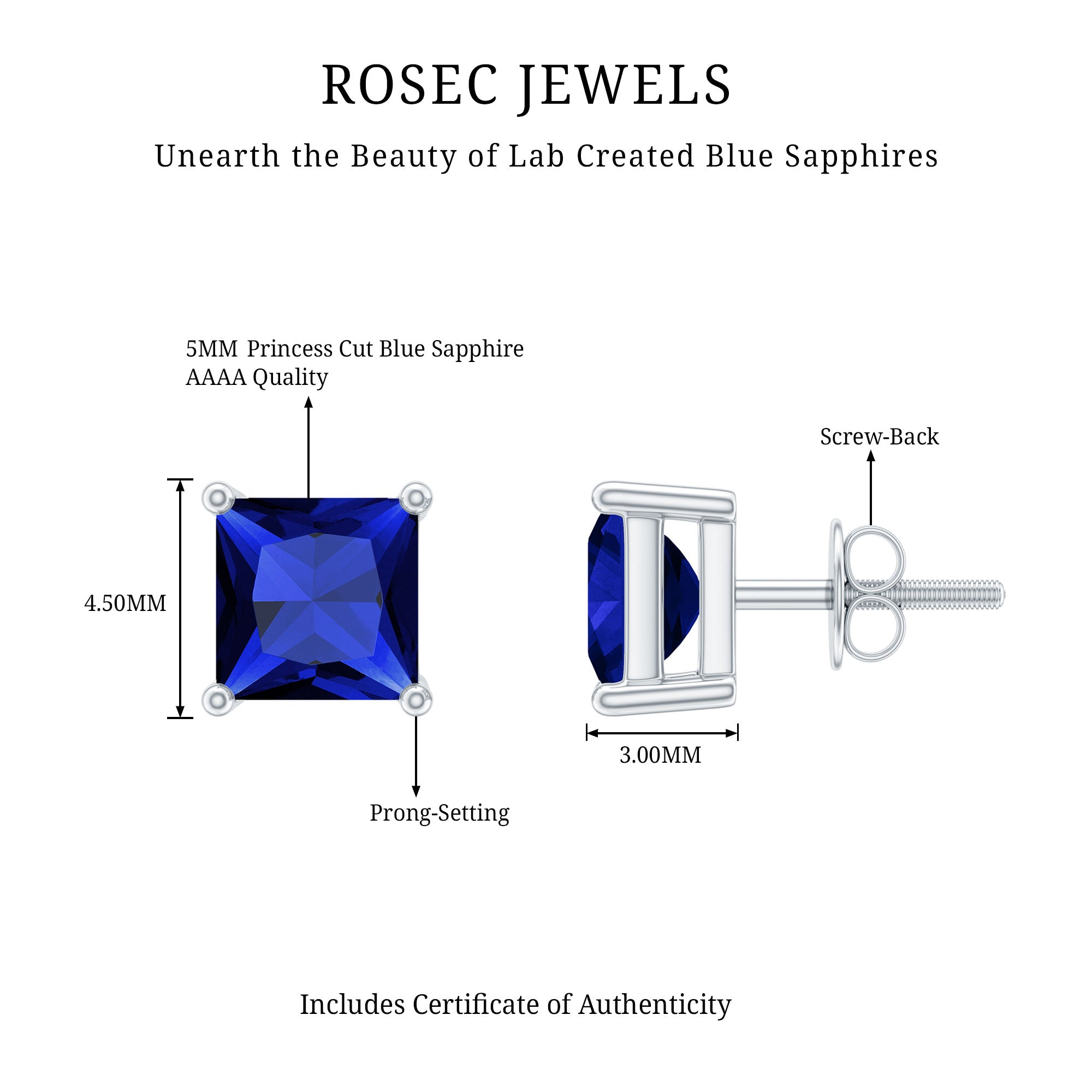 1.5 CT Princess Cut Lab Created Blue Sapphire Solitaire Stud Earrings AAAA - Rosec Jewels