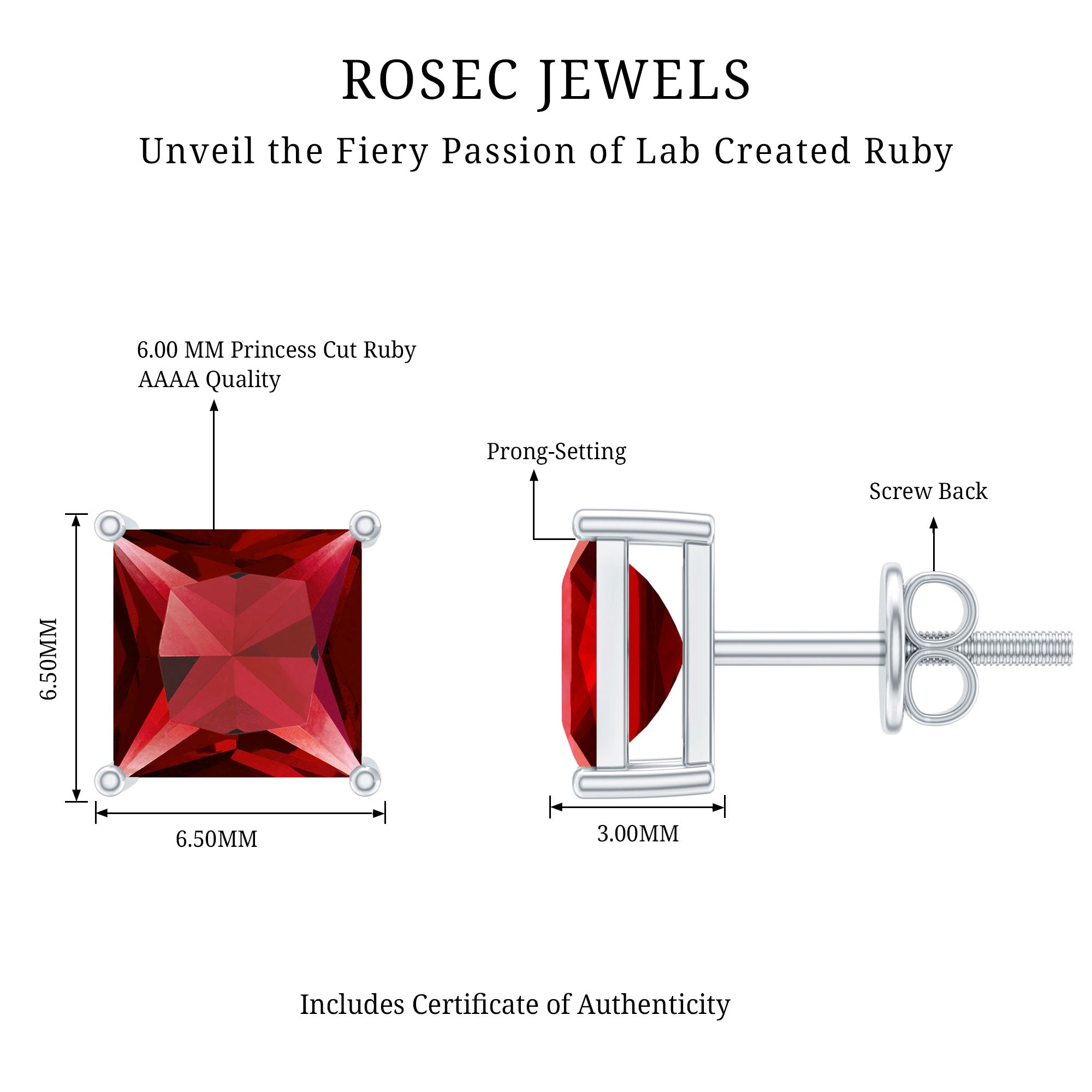 3 Carat Princess Cut Lab Created Ruby Solitaire Stud Earrings AAAA - Rosec Jewels