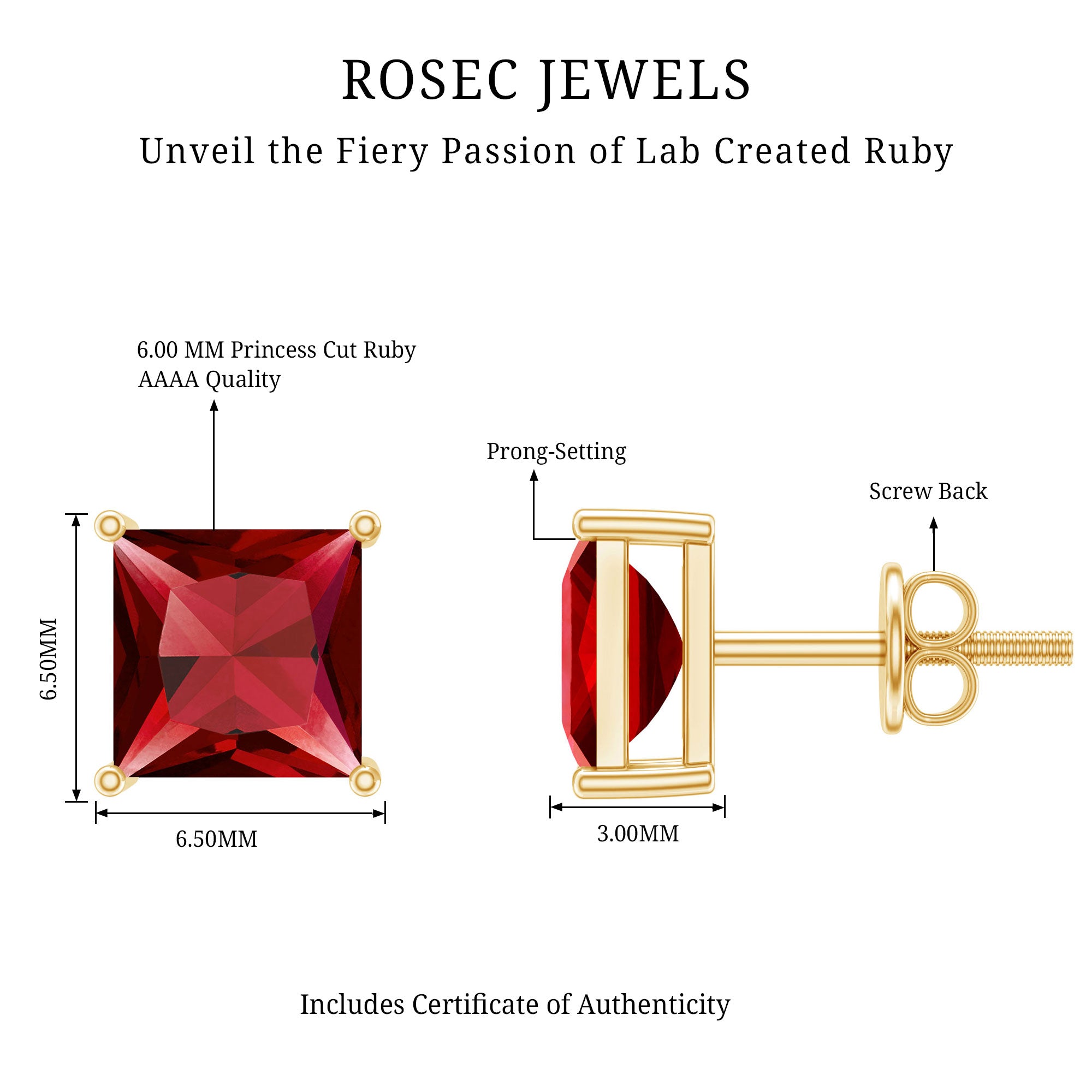 3 Carat Princess Cut Lab Created Ruby Solitaire Stud Earrings AAAA - Rosec Jewels