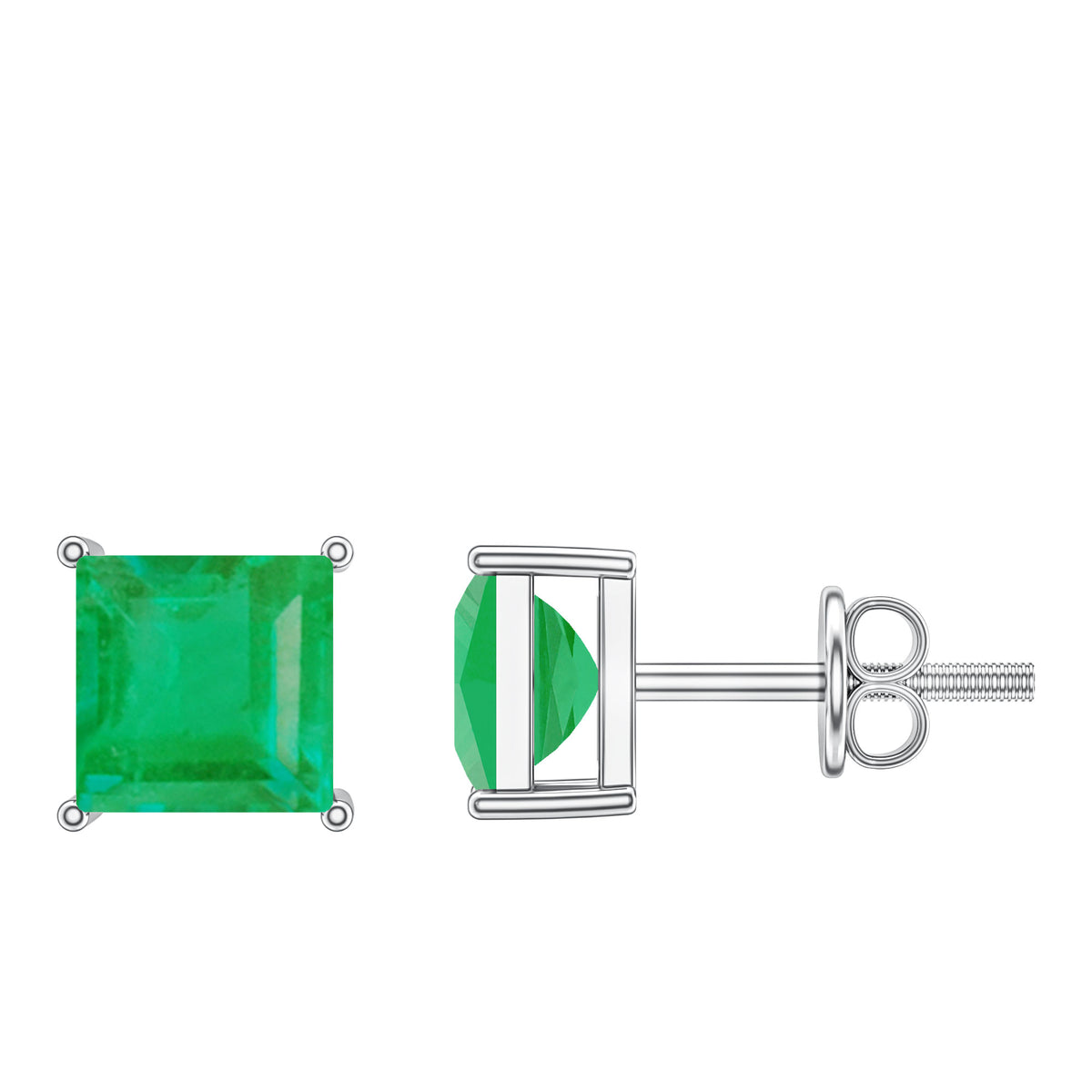 Princess Cut Natural Emerald Solitaire Stud Earrings