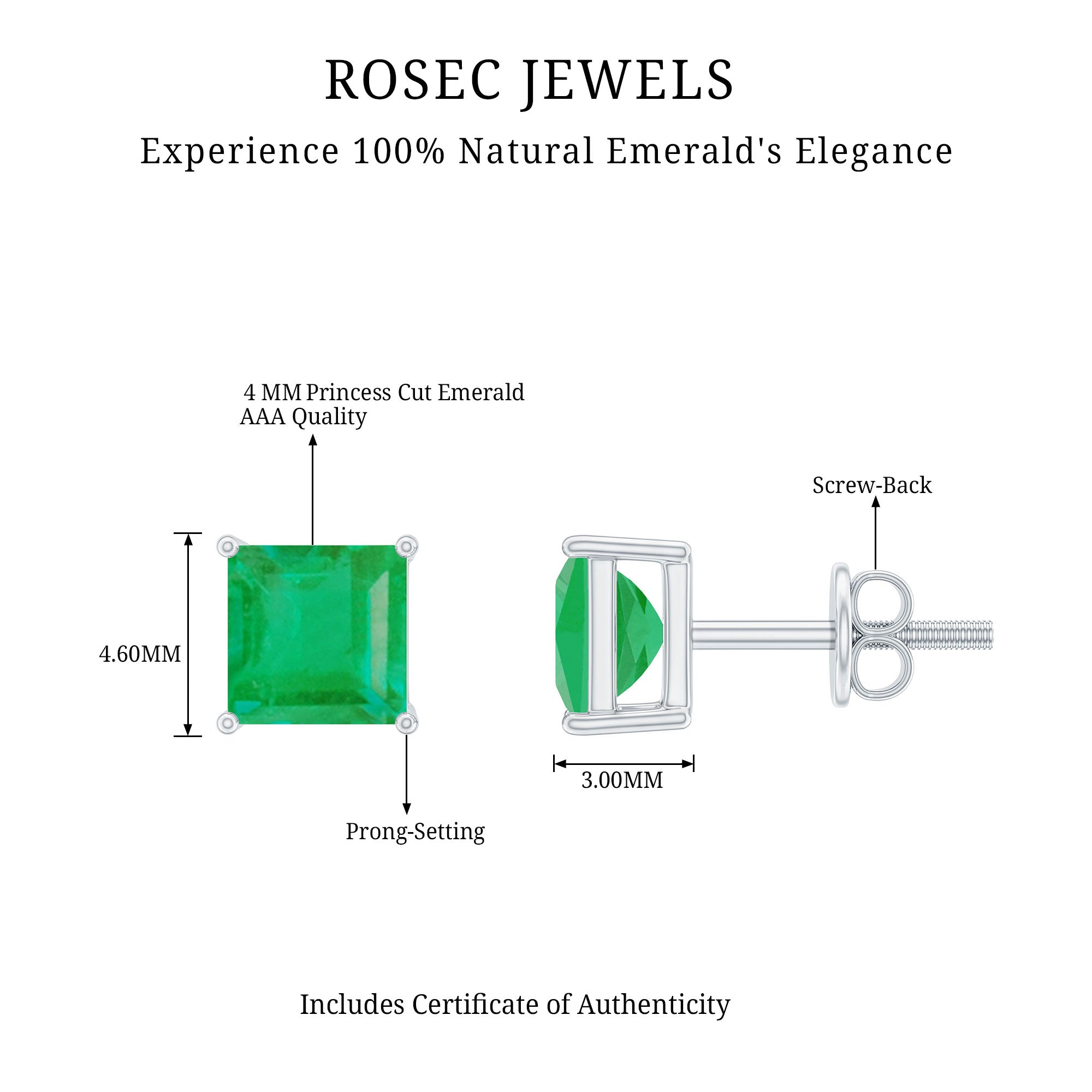 Princess Cut Natural Emerald Solitaire Stud Earrings AAA - Rosec Jewels