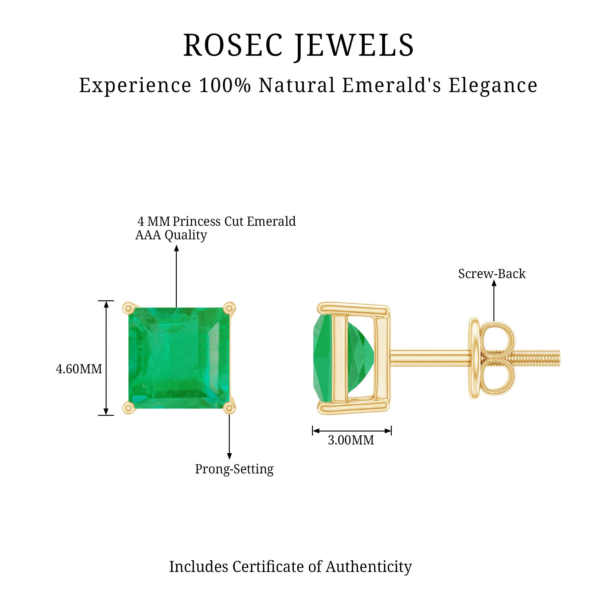 Princess Cut Natural Emerald Solitaire Stud Earrings AAA - Rosec Jewels