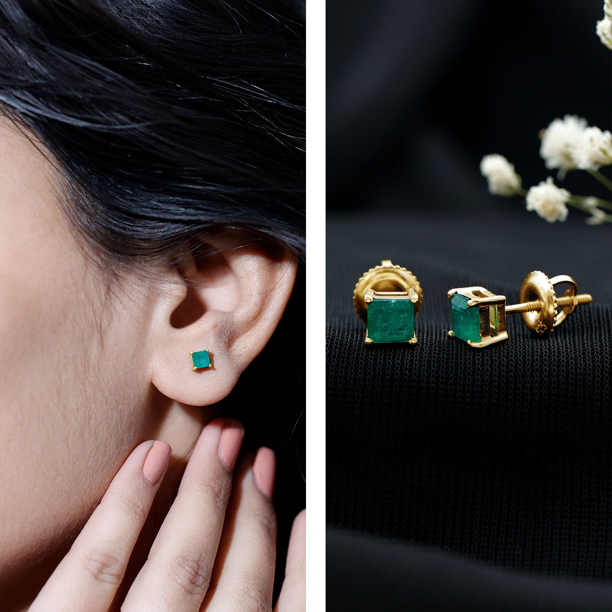 Princess Cut Natural Emerald Solitaire Stud Earrings AAA - Rosec Jewels