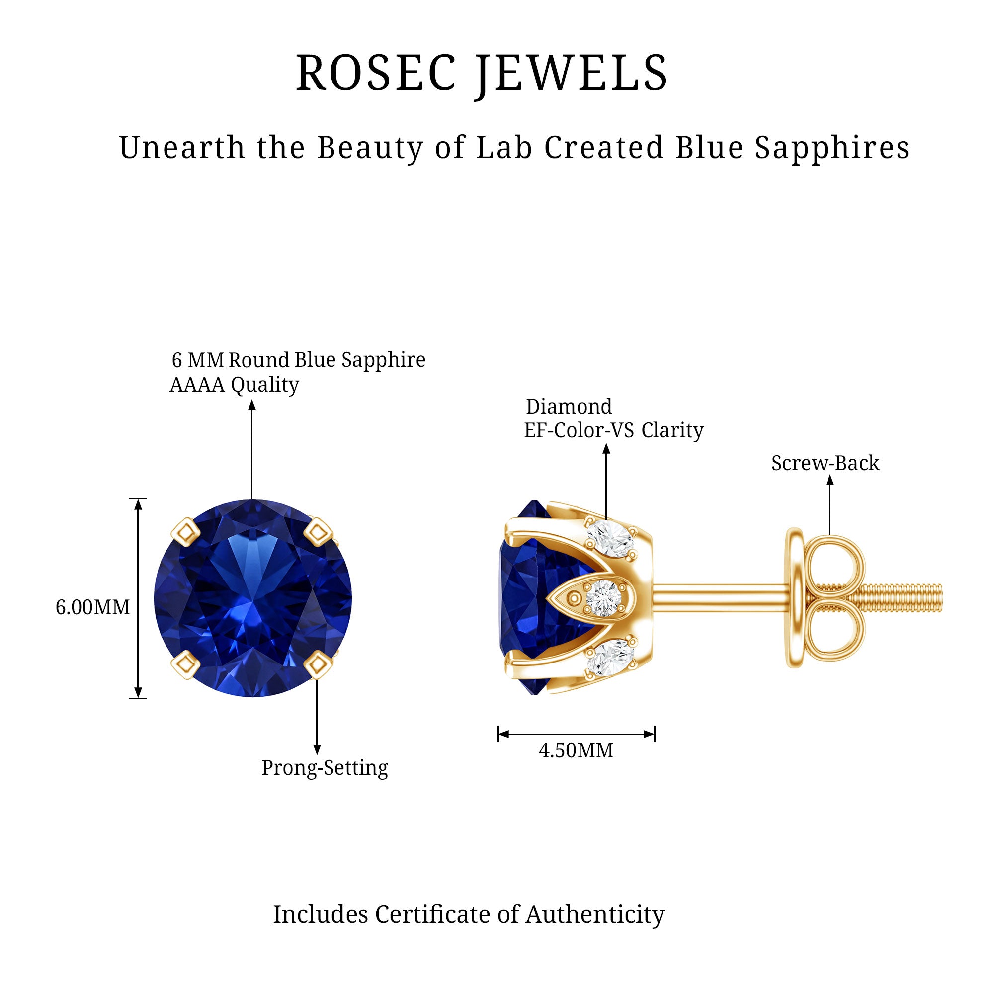 Lab Grown Blue Sapphire Vintage Stud Earrings with Certificate AAAA - Rosec Jewels