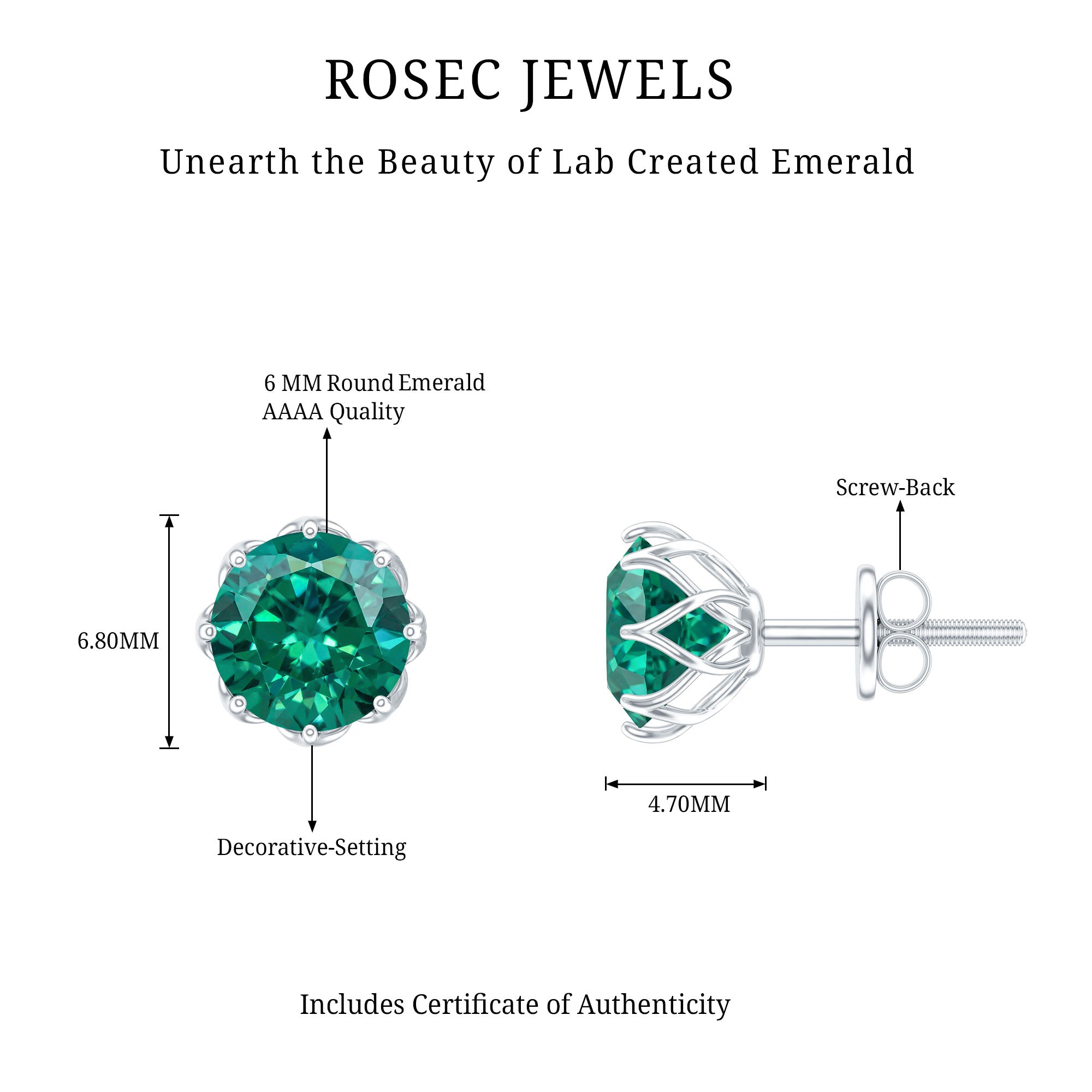 Round Lab Created Emerald Solitaire Stud Earrings AAAA - Rosec Jewels