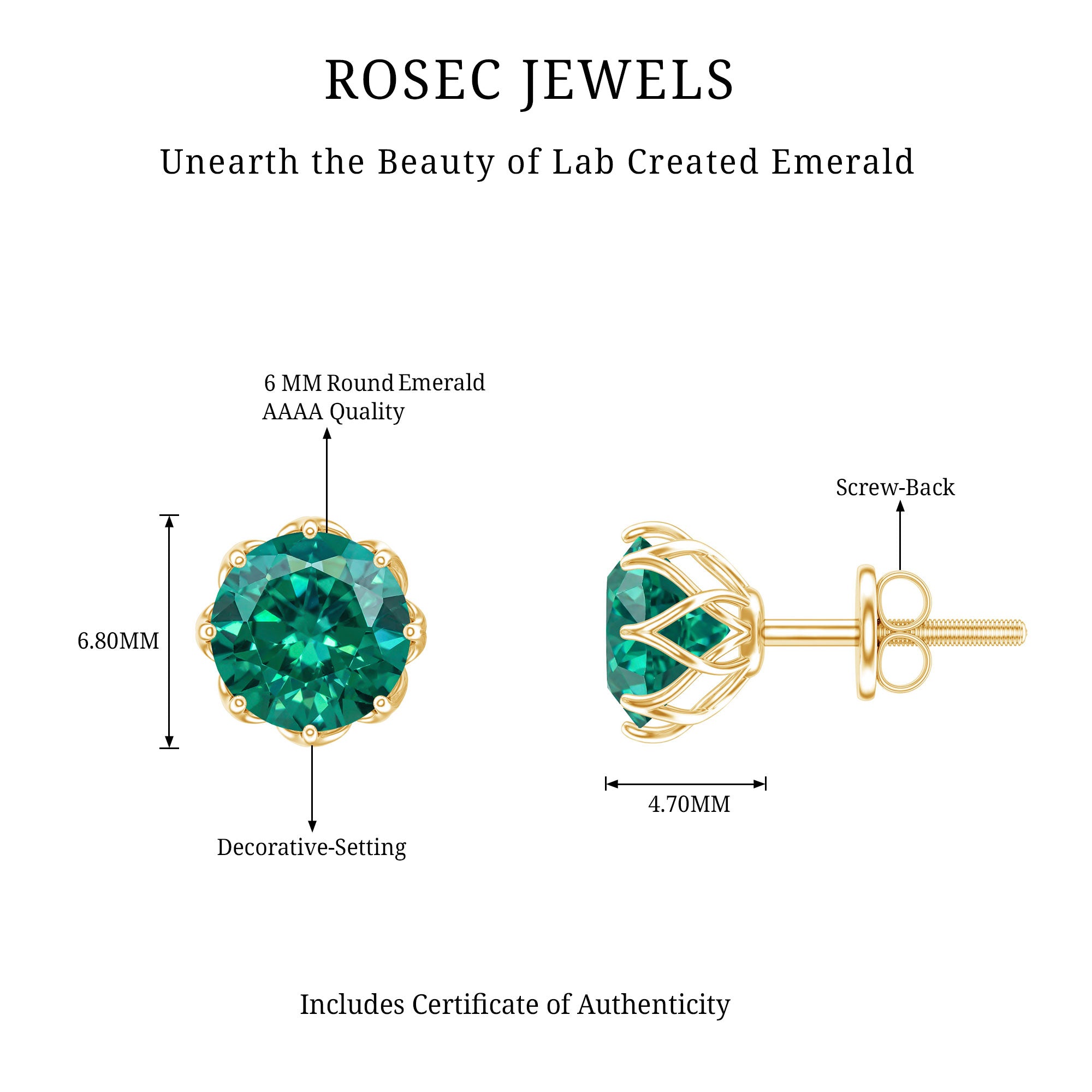 Round Lab Created Emerald Solitaire Stud Earrings AAAA - Rosec Jewels