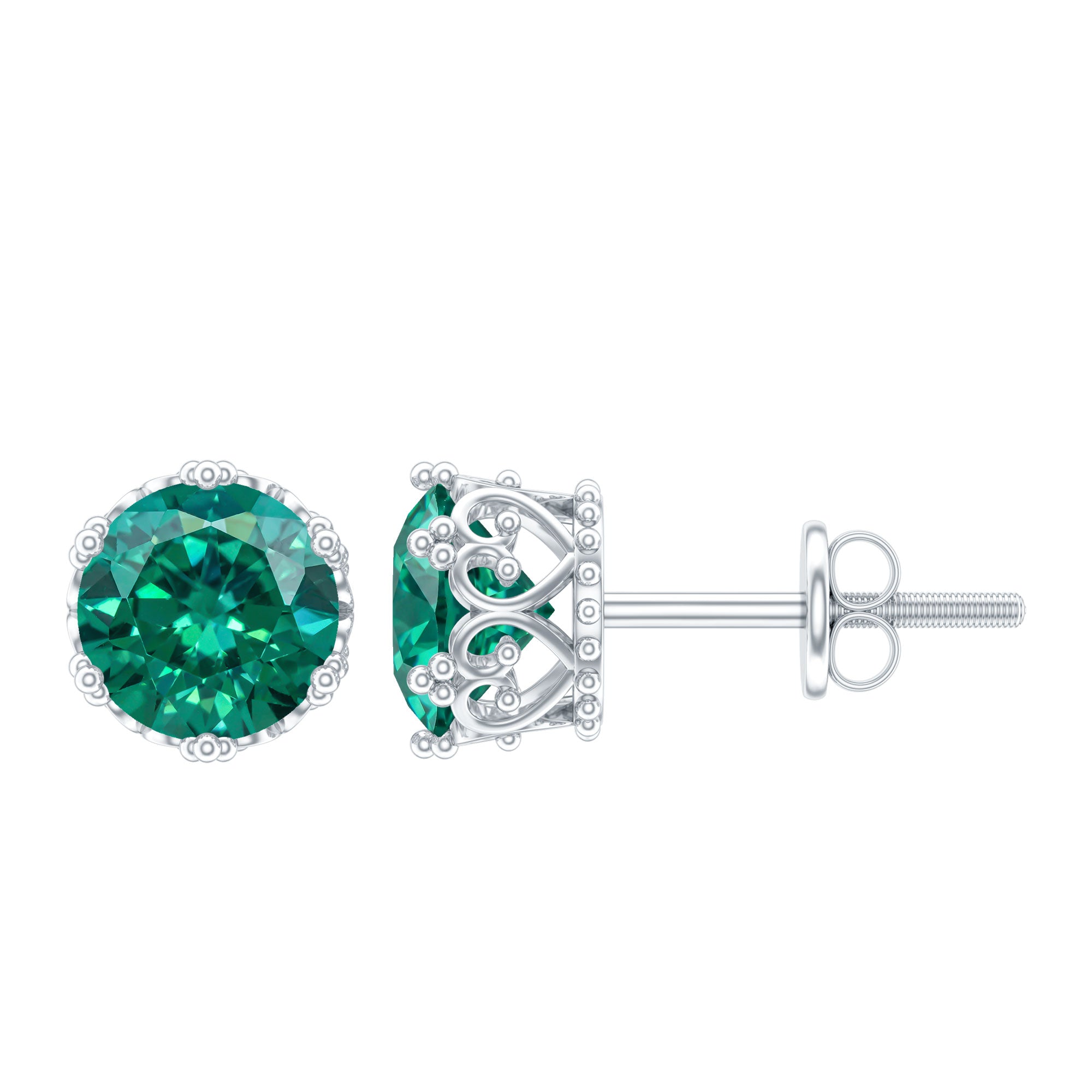 Solitaire Lab Created Emerald Stud Earrings in Crown Setting AAAA - Rosec Jewels