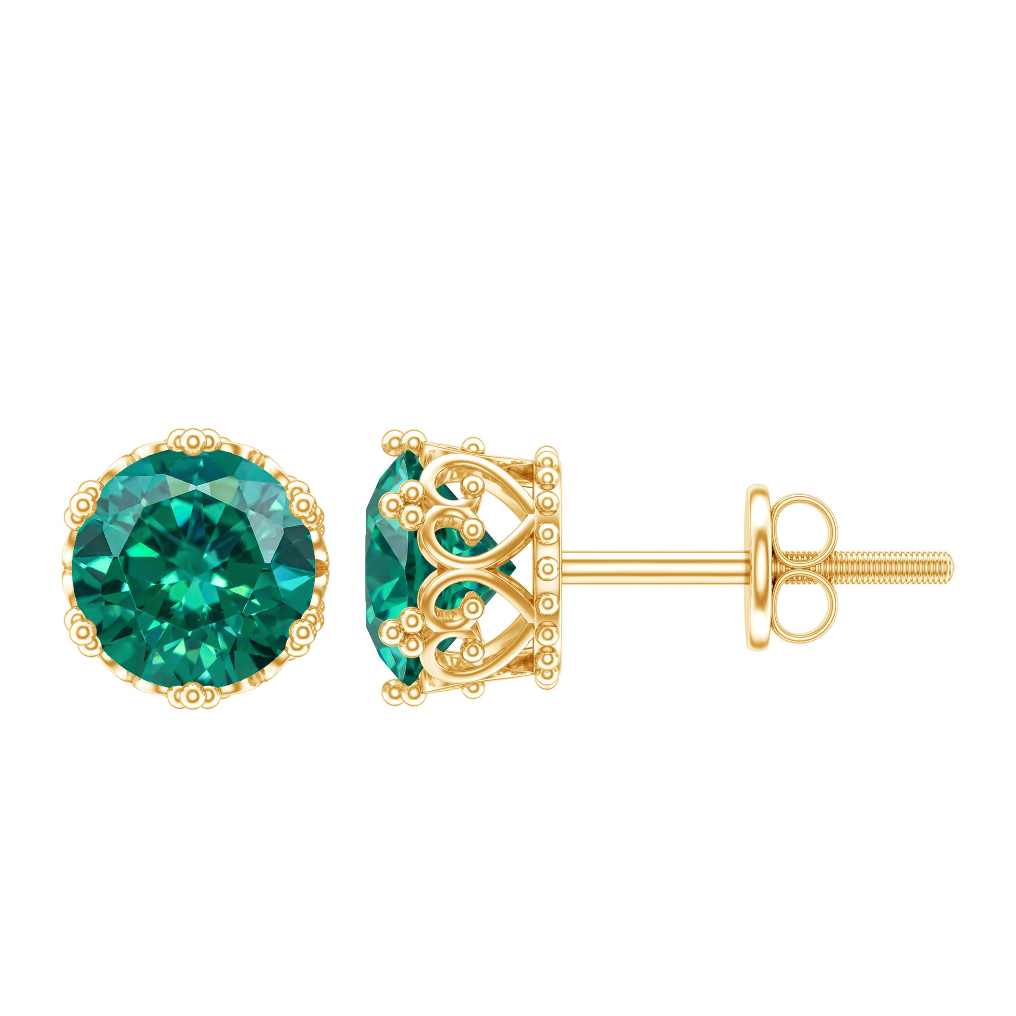 Solitaire Lab Created Emerald Stud Earrings in Crown Setting AAAA - Rosec Jewels