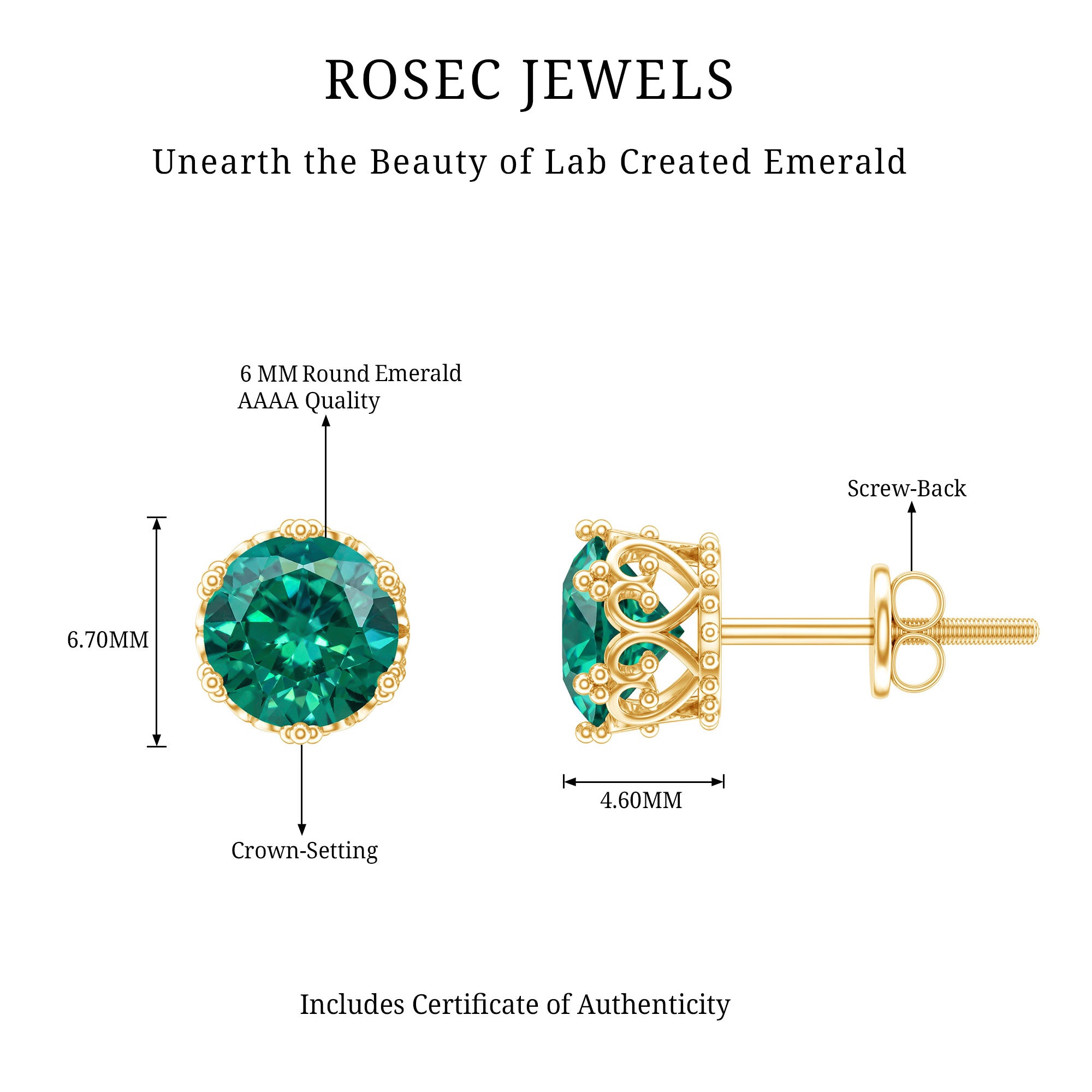 Solitaire Lab Created Emerald Stud Earrings in Crown Setting AAAA - Rosec Jewels