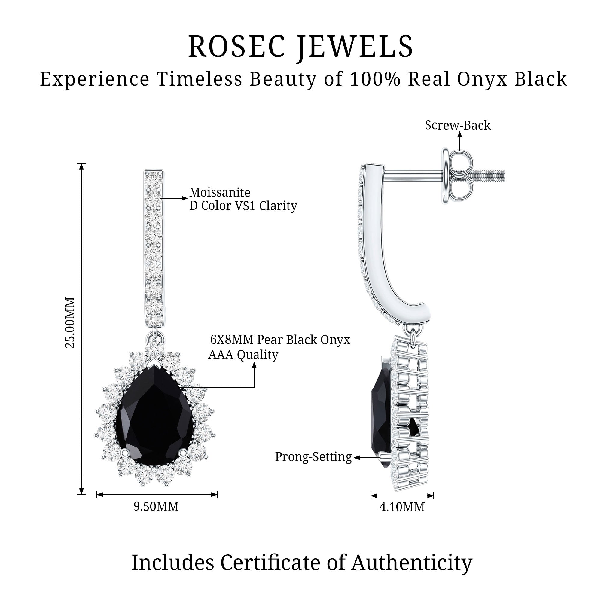 Black Onyx and Moissanite Bridal Teardrop Earrings AAA - Rosec Jewels