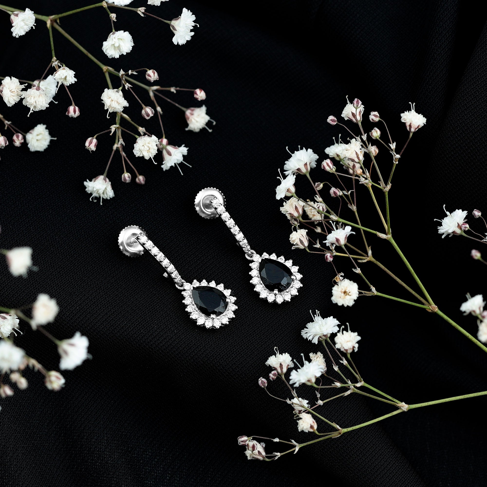 Black Onyx and Moissanite Bridal Teardrop Earrings AAA - Rosec Jewels