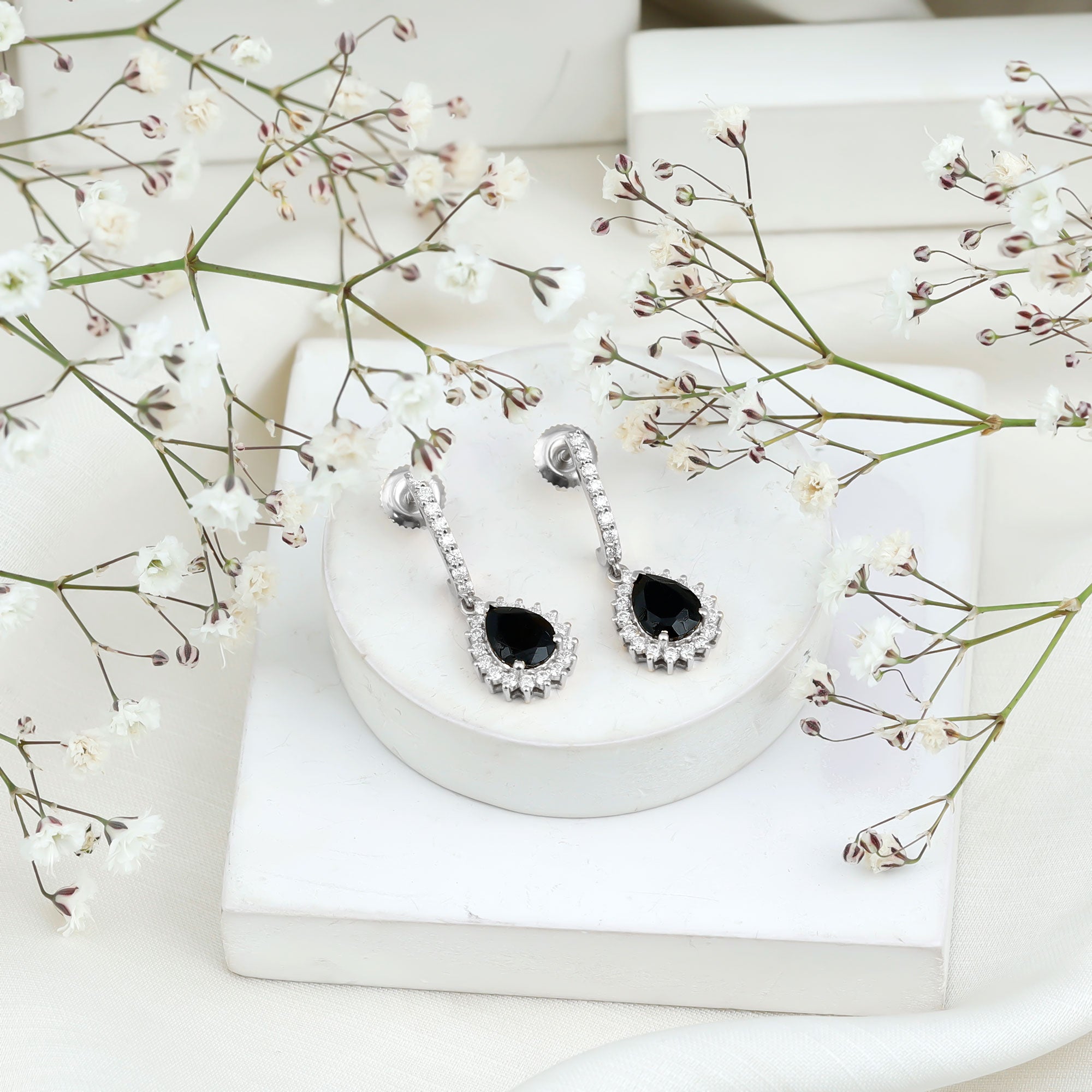 Black Onyx and Moissanite Bridal Teardrop Earrings AAA - Rosec Jewels