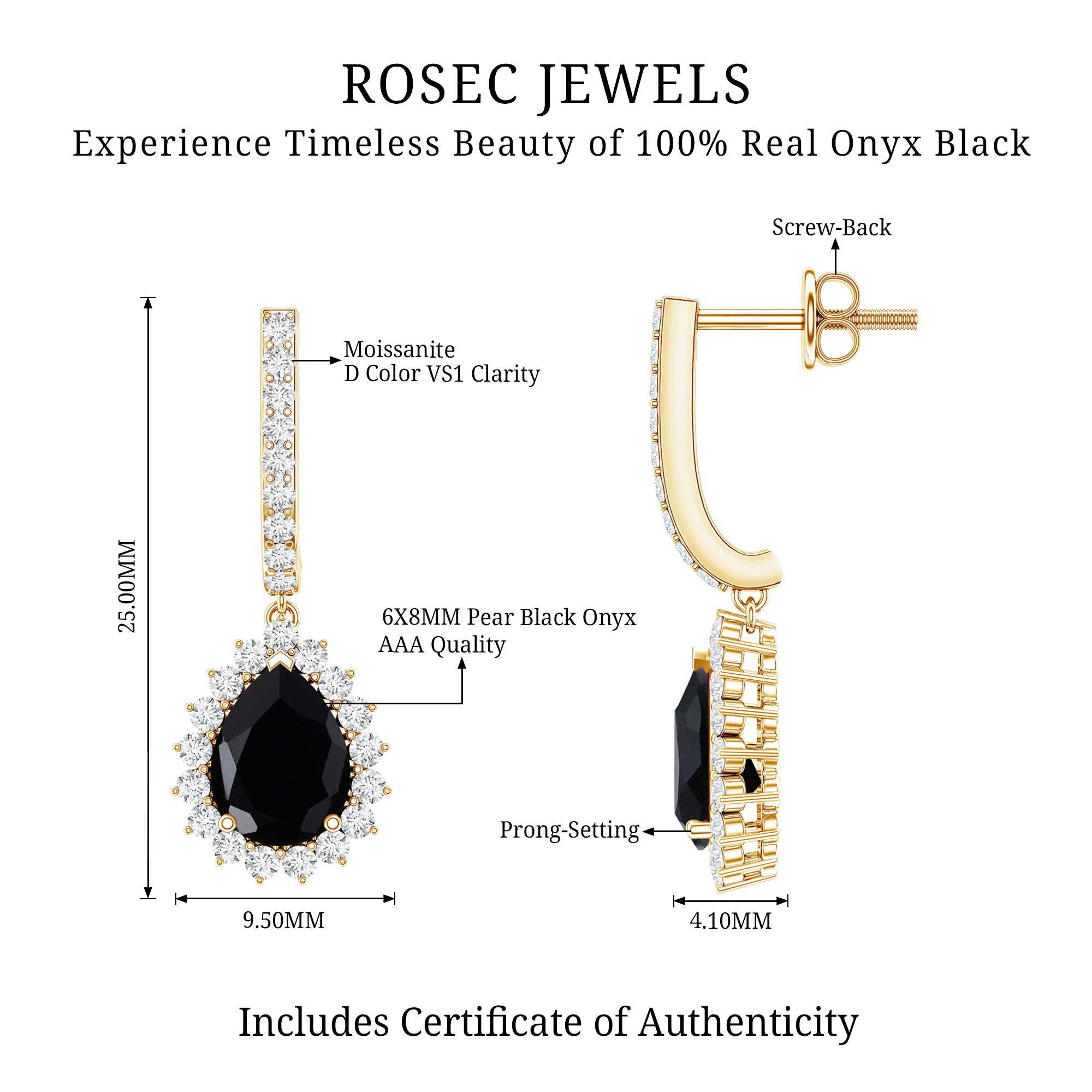 Black Onyx and Moissanite Bridal Teardrop Earrings AAA - Rosec Jewels