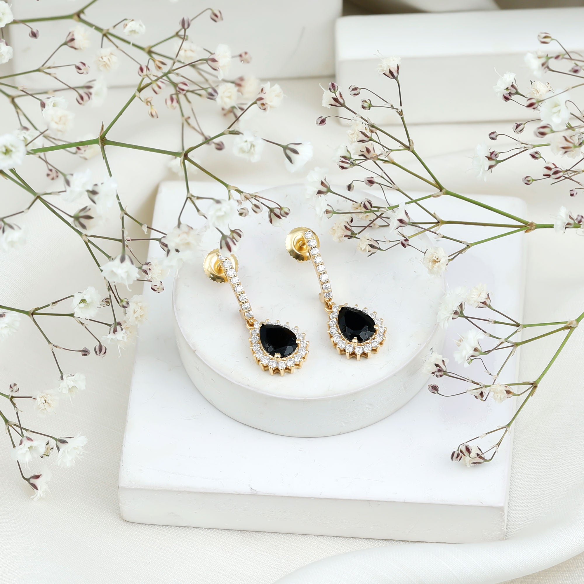 Black Onyx and Moissanite Bridal Teardrop Earrings AAA - Rosec Jewels