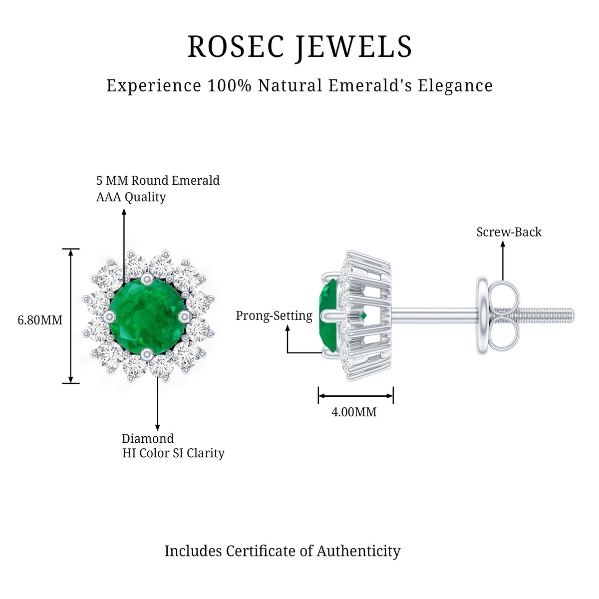 Natural Emerald Classic Stud Earrings with Diamond Halo AAA - Rosec Jewels