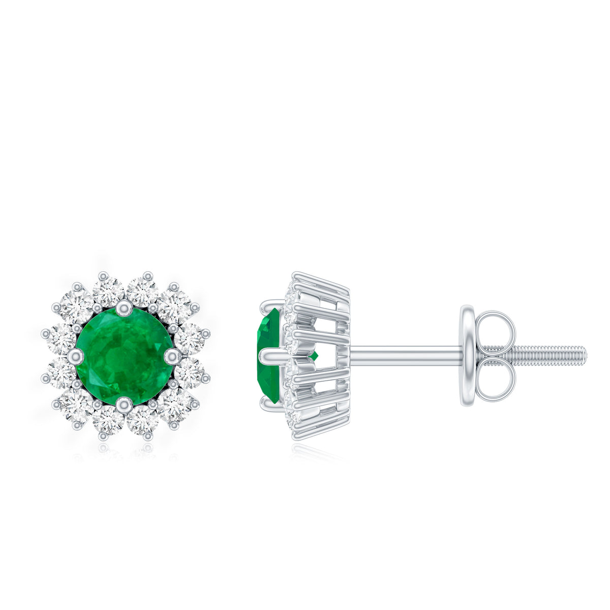 Natural Emerald Classic Stud Earrings with Diamond Halo AAA - Rosec Jewels
