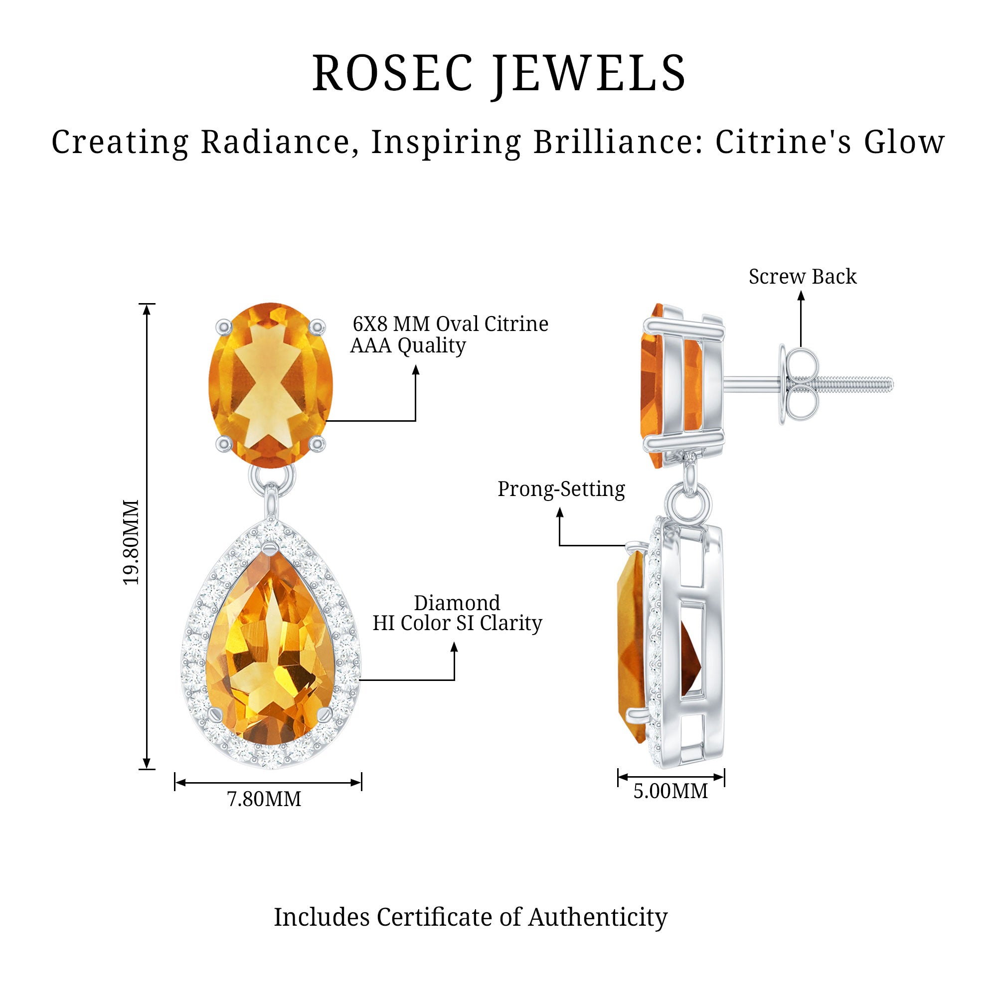Natural 4.2 Carat Citrine and Diamond Teardrop Earrings AAA - Rosec Jewels