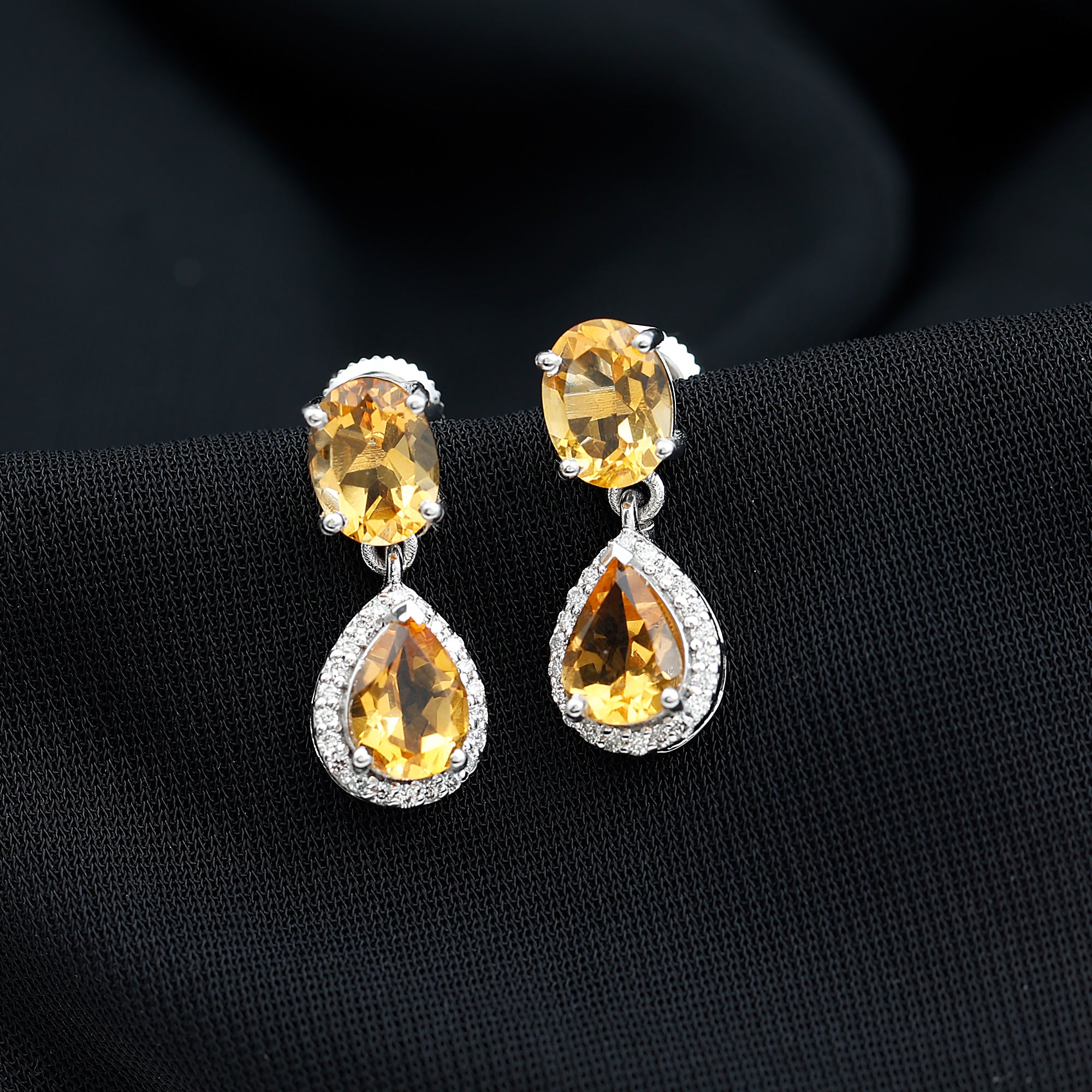 Natural 4.2 Carat Citrine and Diamond Teardrop Earrings AAA - Rosec Jewels