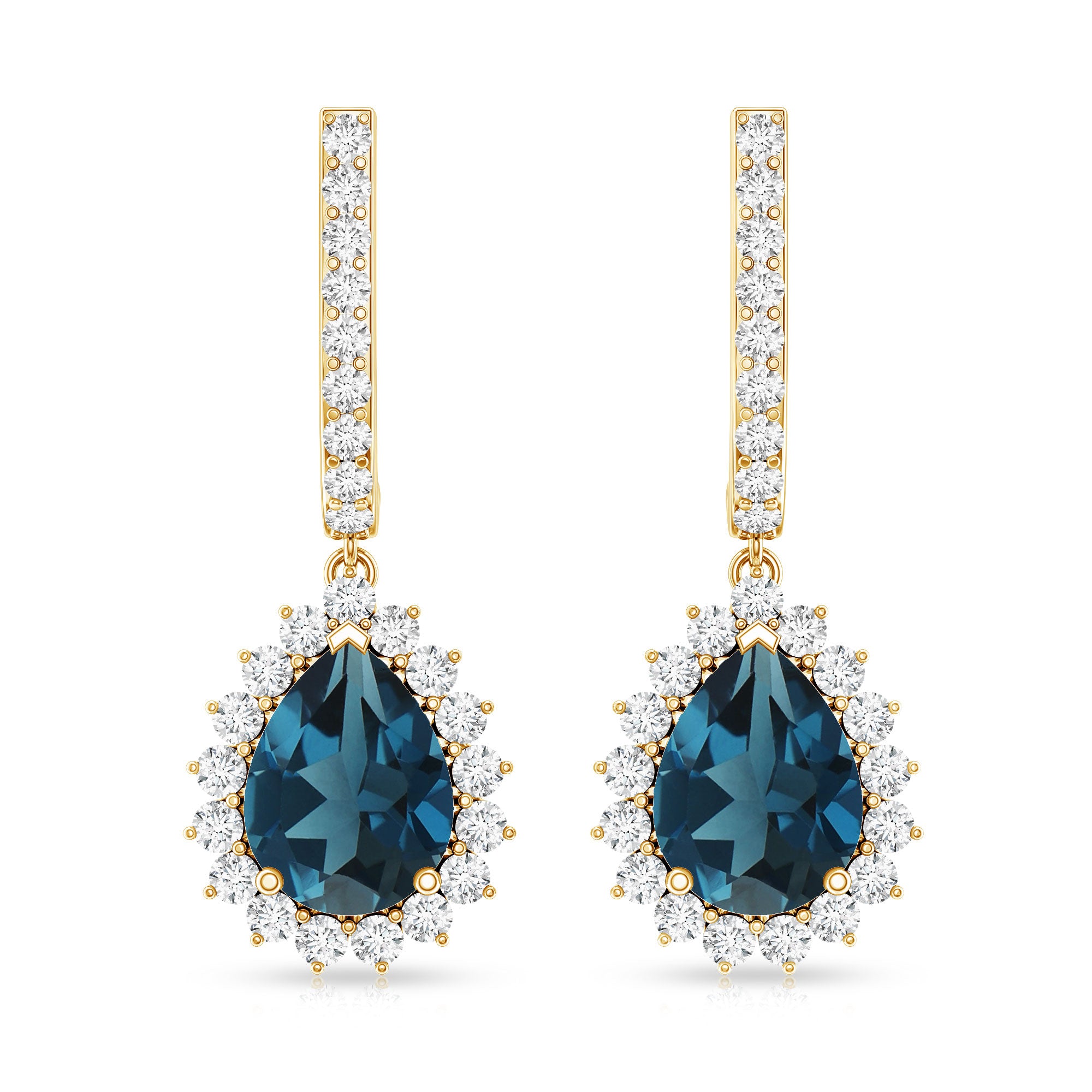 London Blue Topaz Teardrop Hoop Earrings with Diamond Halo AAA - Rosec Jewels