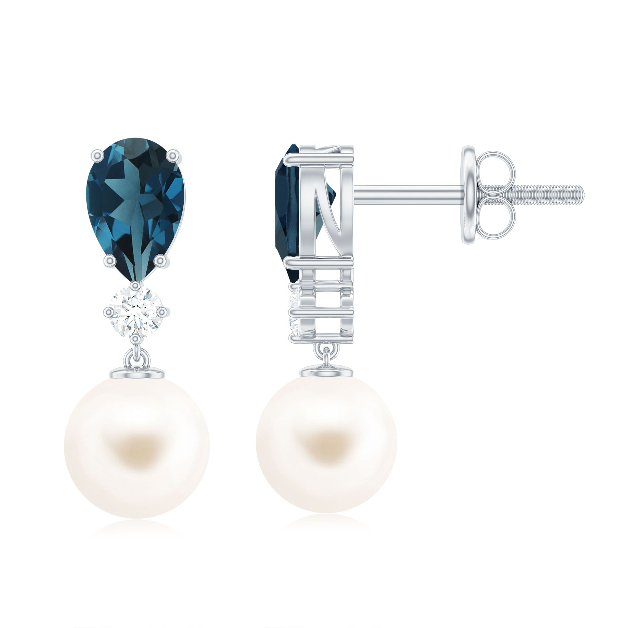 Genuine Freshwater Pearl Drop Earrings With London Blue Topaz AAA - Rosec Jewels