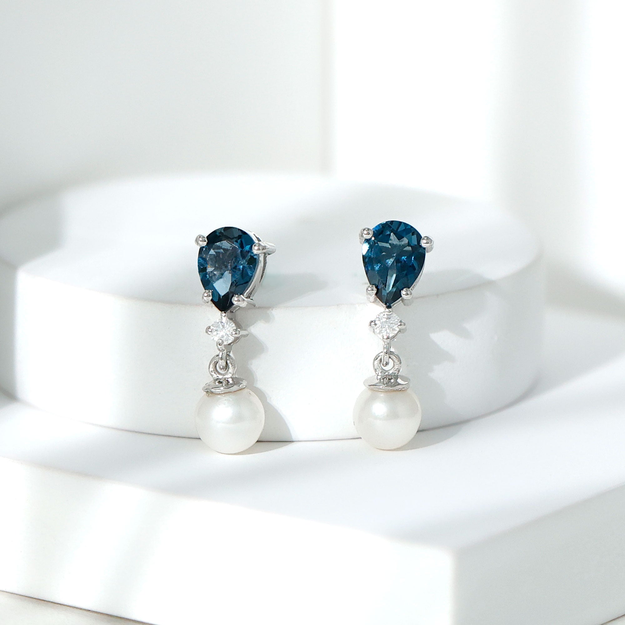Genuine Freshwater Pearl Drop Earrings With London Blue Topaz AAA - Rosec Jewels