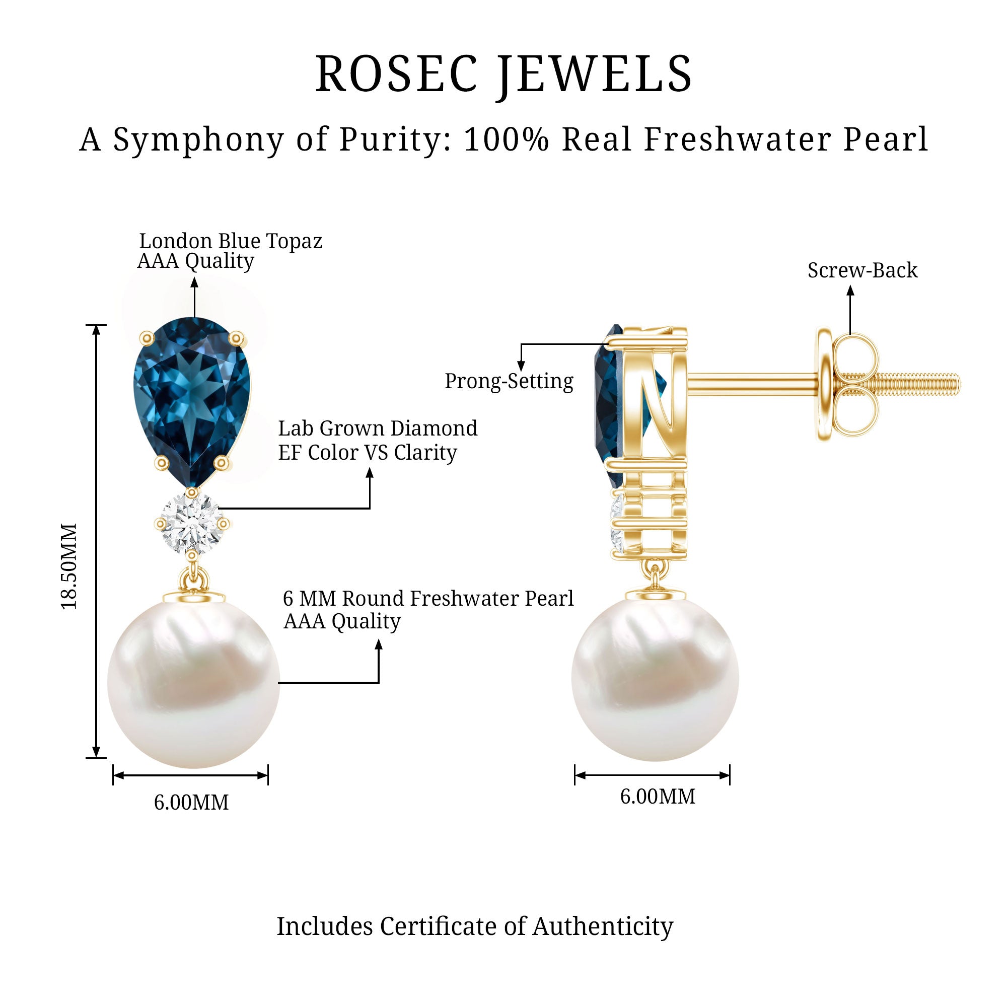 Genuine Freshwater Pearl Drop Earrings With London Blue Topaz AAA - Rosec Jewels
