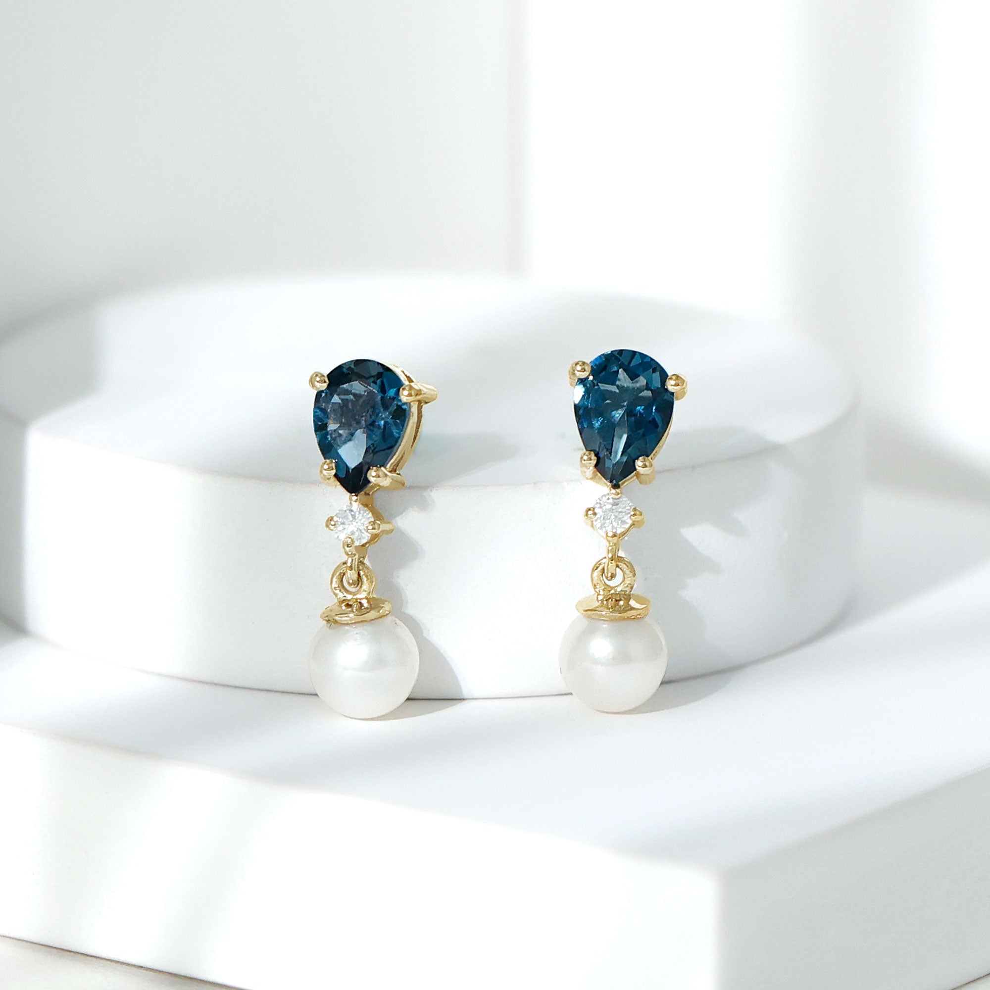 Genuine Freshwater Pearl Drop Earrings With London Blue Topaz AAA - Rosec Jewels