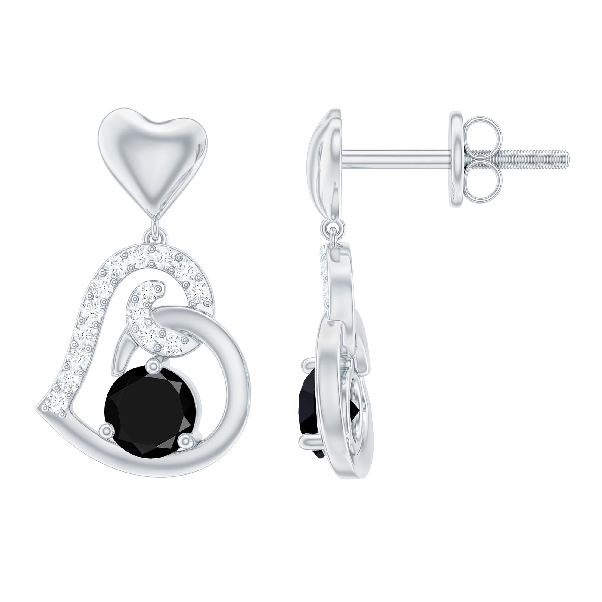Certified Real Black and White Diamond Heart Drop Earrings