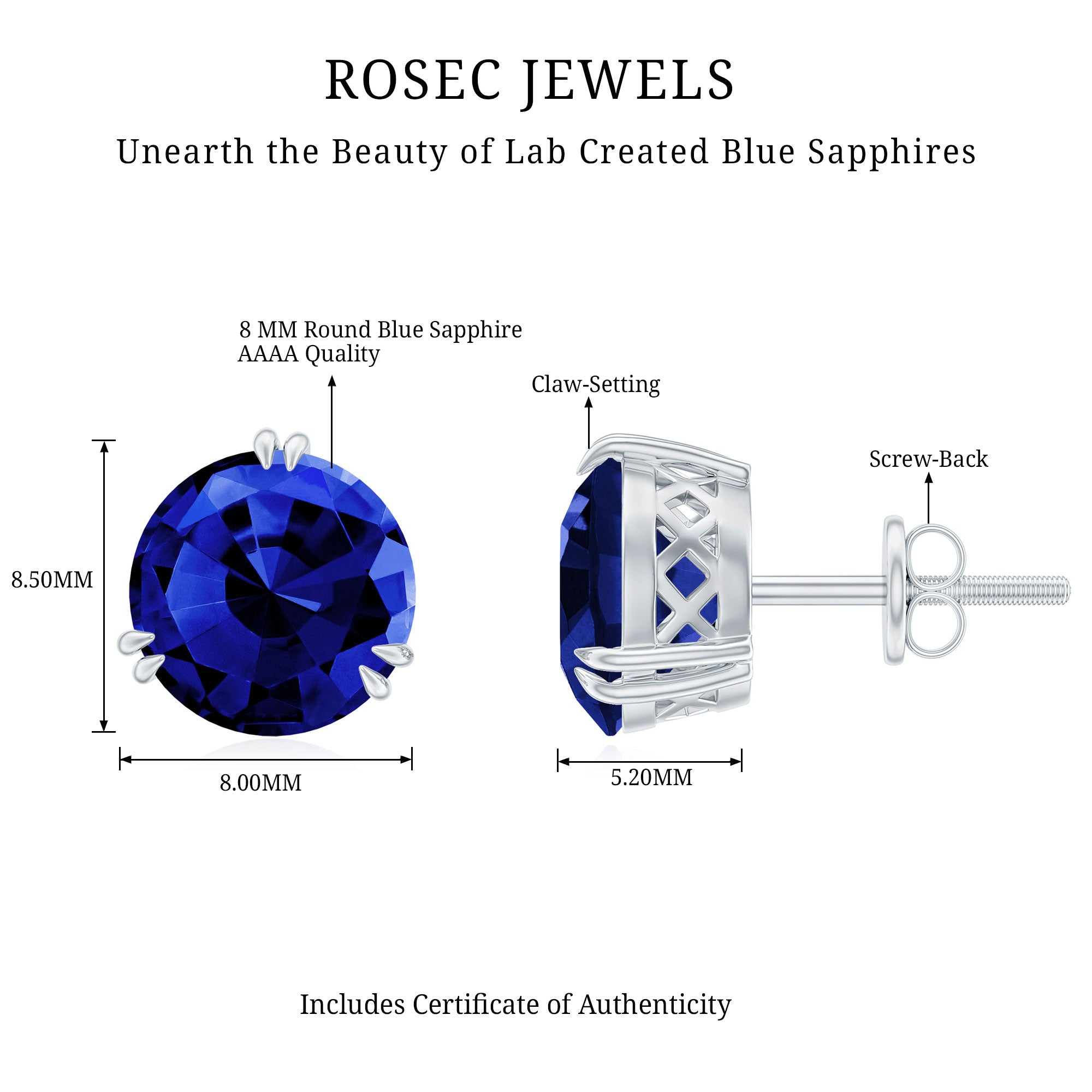 5 Carat Lab Created Blue Sapphire Solitaire Stud Earrings AAAA - Rosec Jewels
