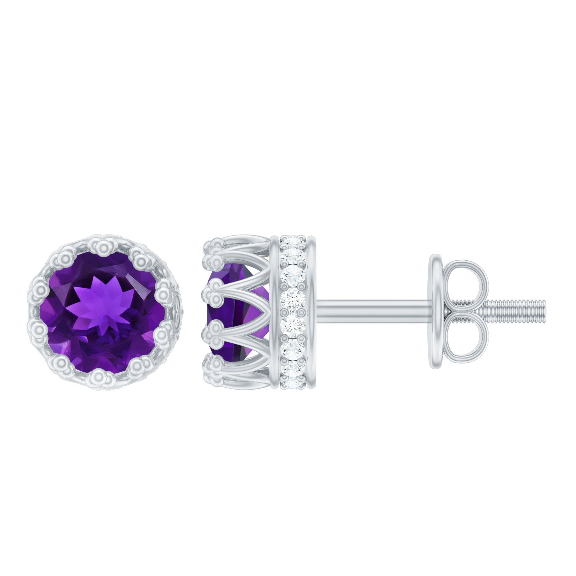 Natural Amethyst and Diamond Bridal Stud Earrings
