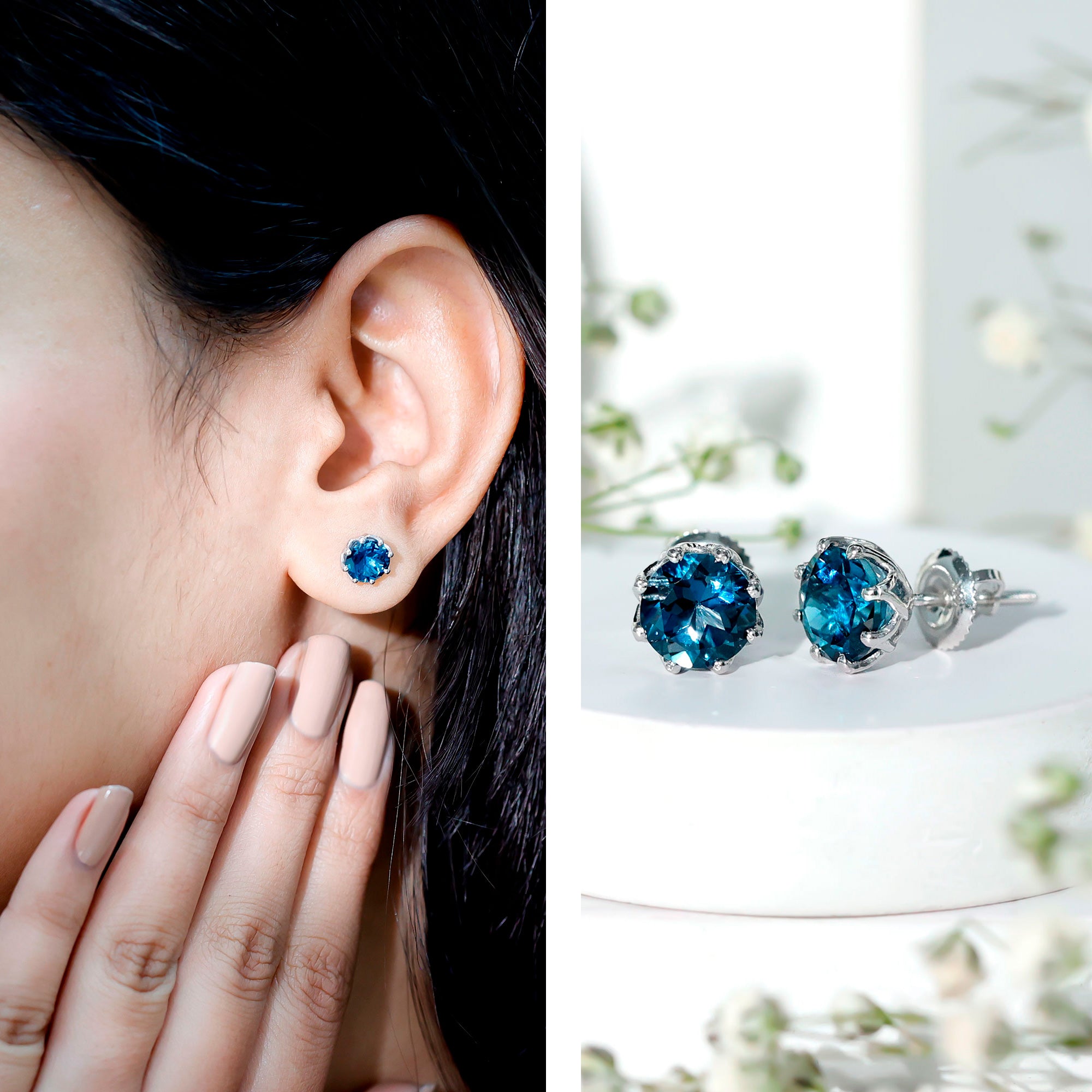 Genuine 7MM London Blue Topaz Solitaire Stud Earrings With Certificate AAA - Rosec Jewels