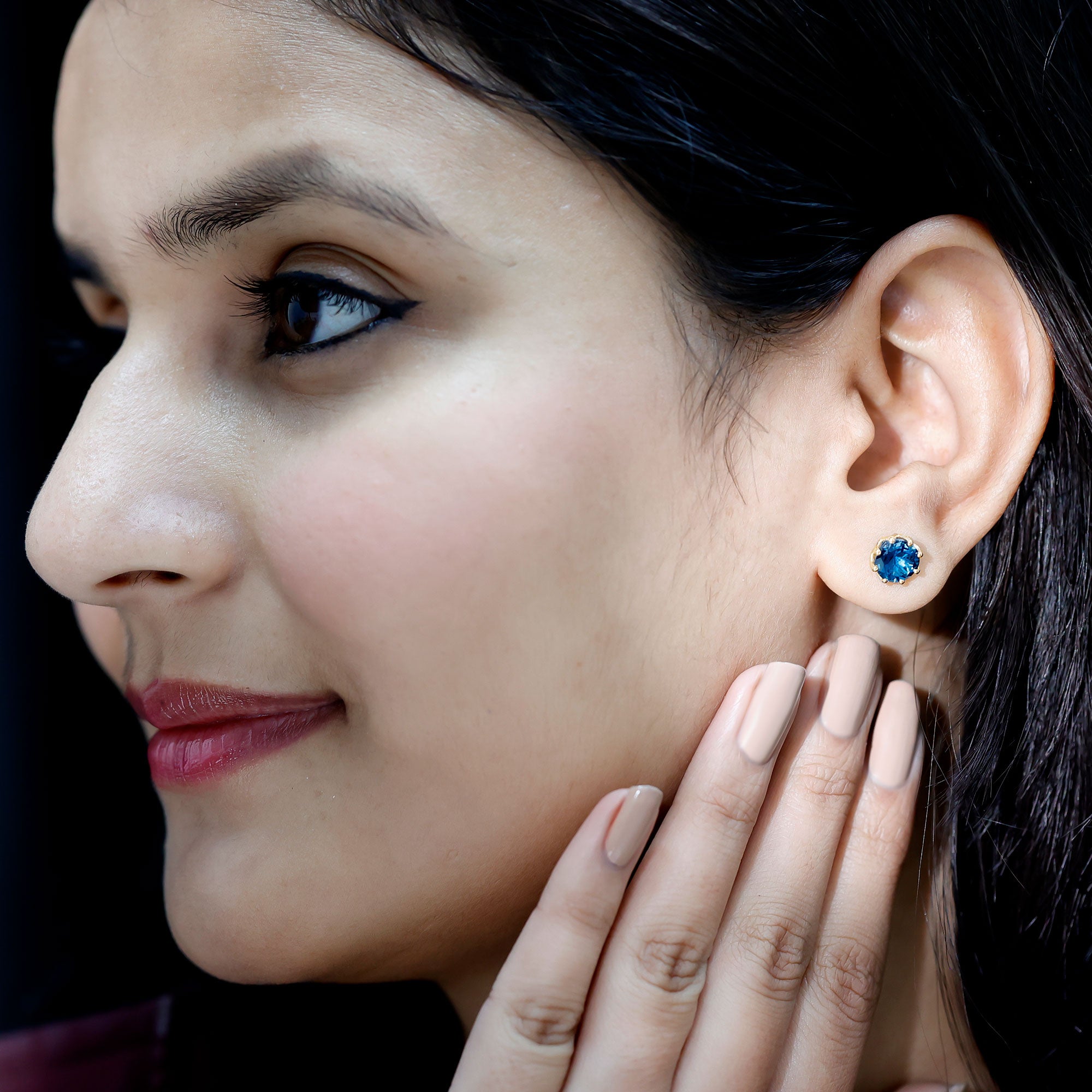 Genuine 7MM London Blue Topaz Solitaire Stud Earrings With Certificate AAA - Rosec Jewels