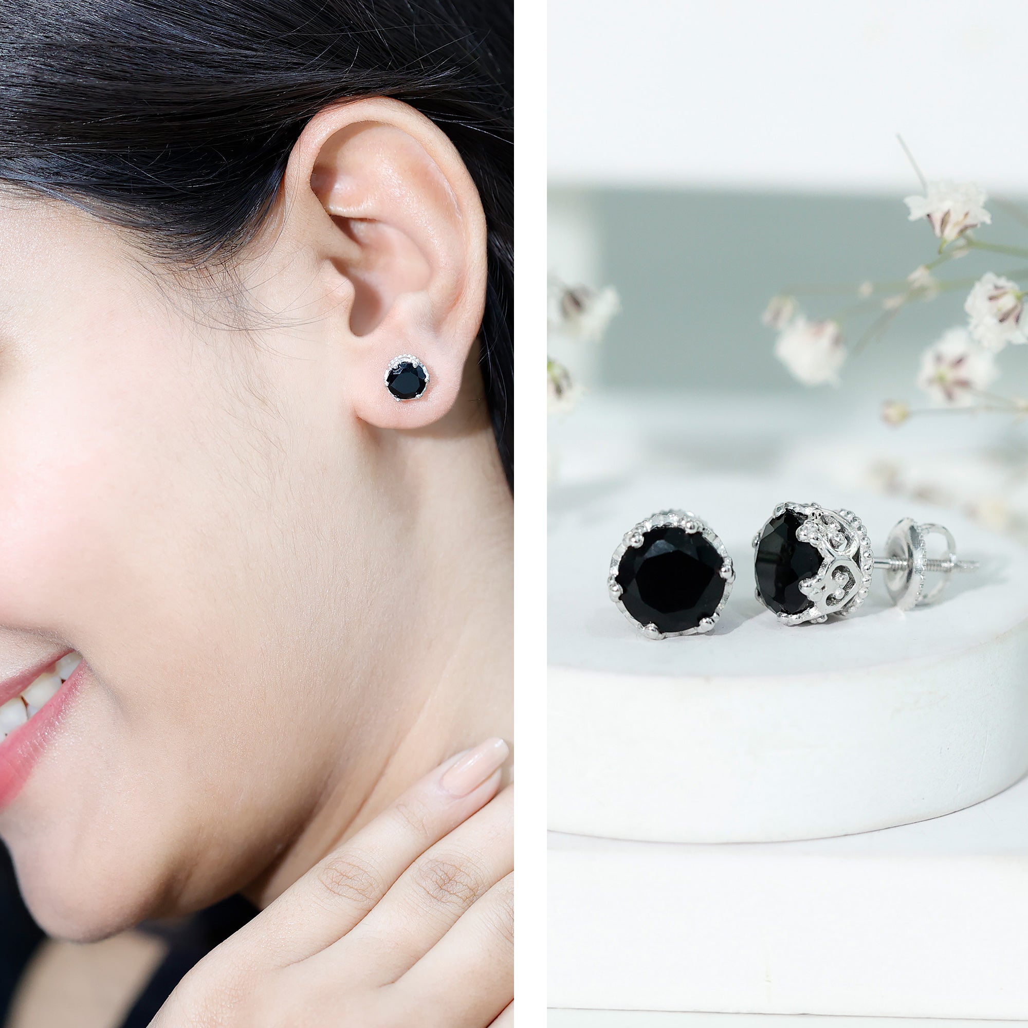 3 Carat Genuine Black Spinel Crown Stud Earrings AAA - Rosec Jewels