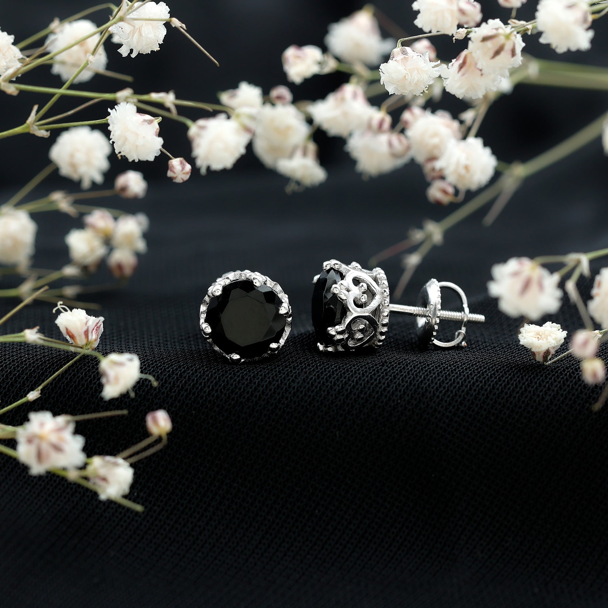 3 Carat Genuine Black Spinel Crown Stud Earrings AAA - Rosec Jewels