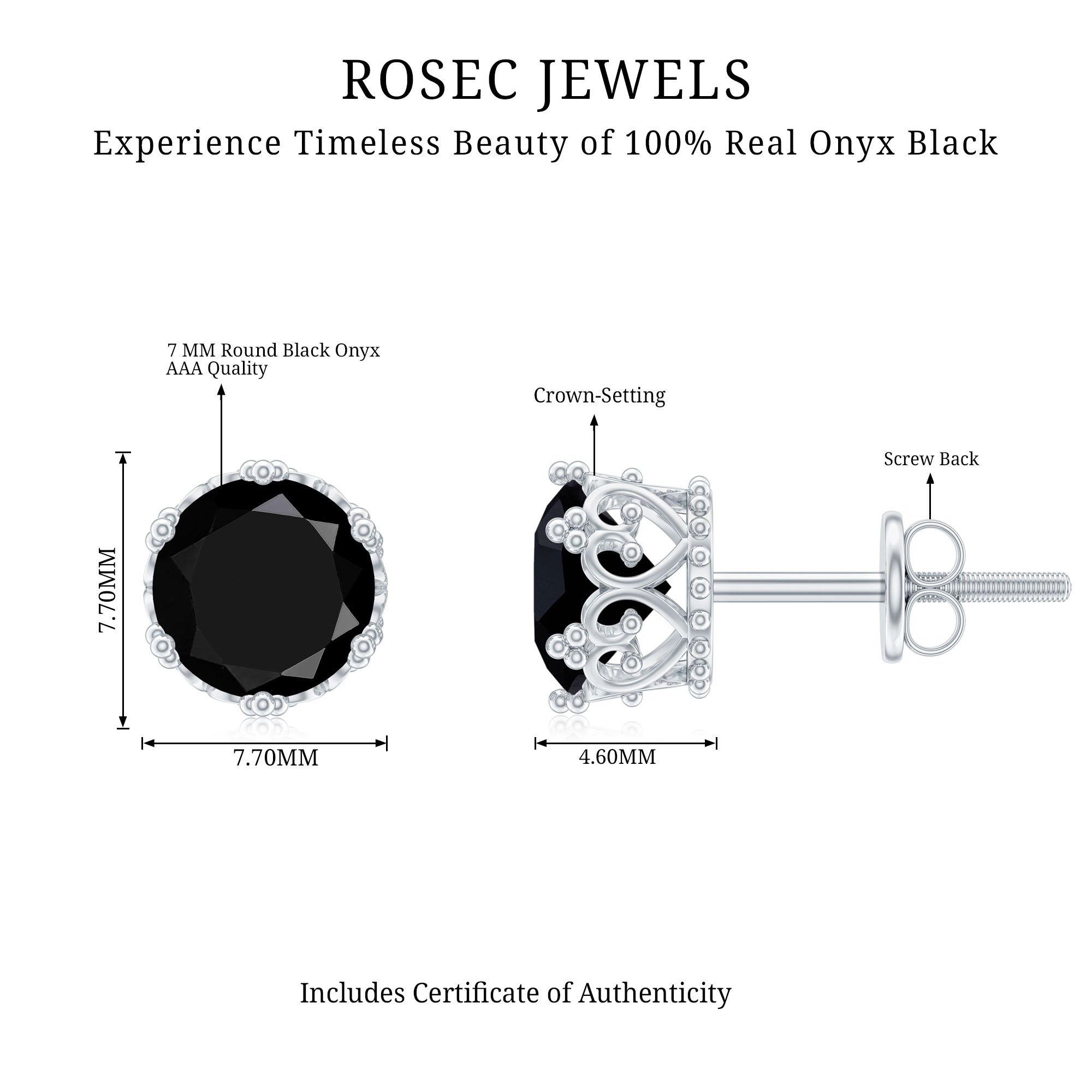 Genuine Black Onyx Crown Stud Earrings with Screw Back AAA - Rosec Jewels