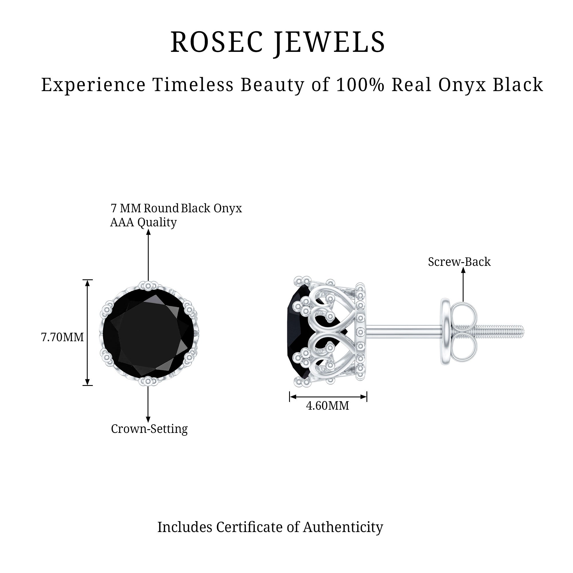 Genuine Black Onyx Crown Stud Earrings with Screw Back AAA - Rosec Jewels