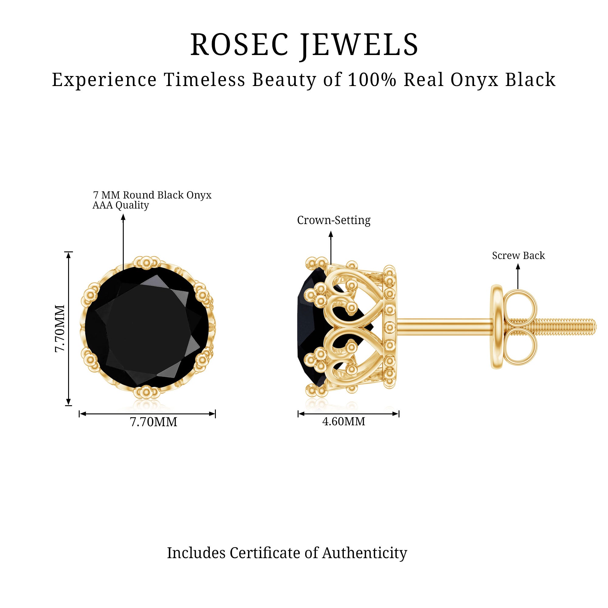 Genuine Black Onyx Crown Stud Earrings with Screw Back AAA - Rosec Jewels