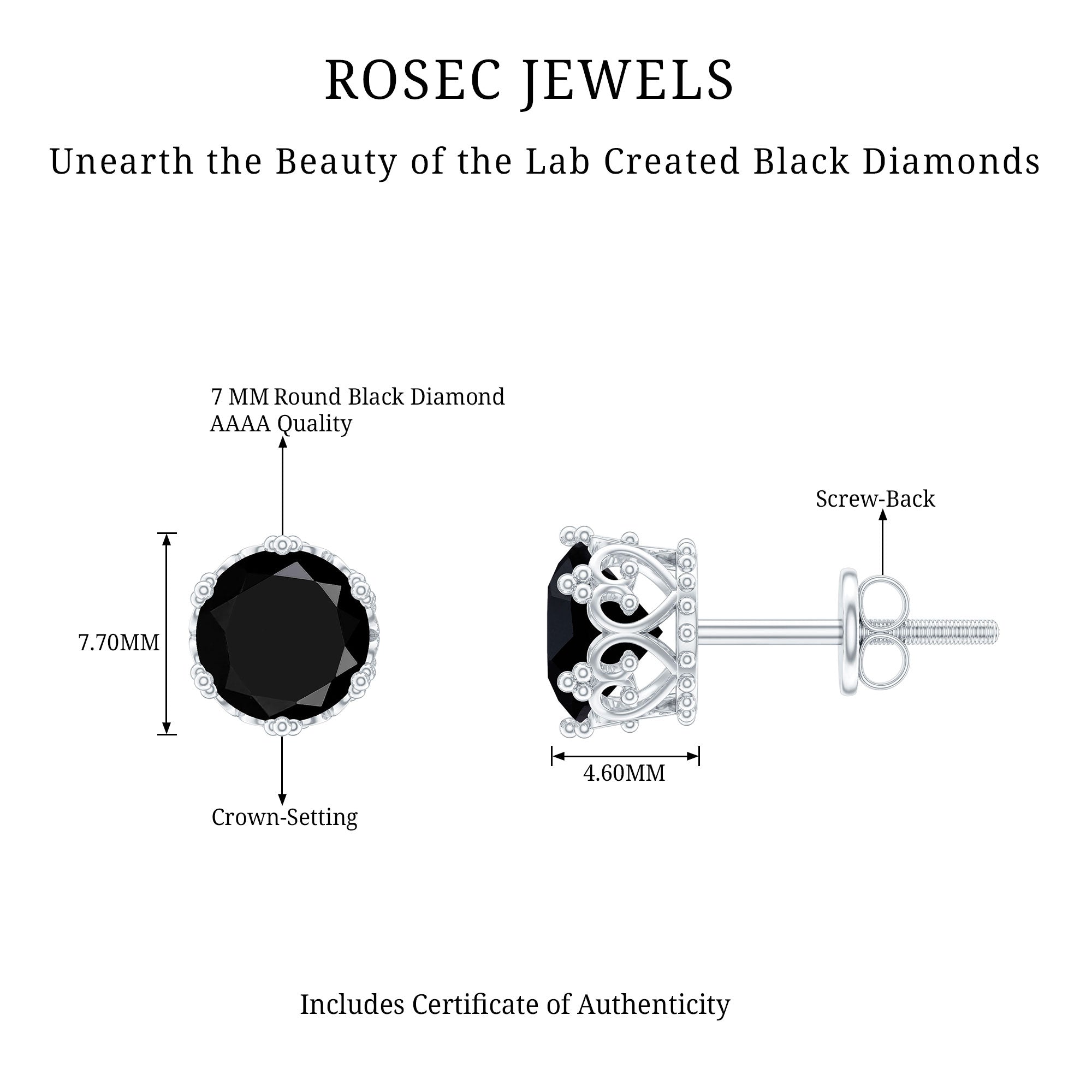 Vintage Lab Created Black Diamond Stud Earrings For Women AAAA ( Synthetic ) - Rosec Jewels