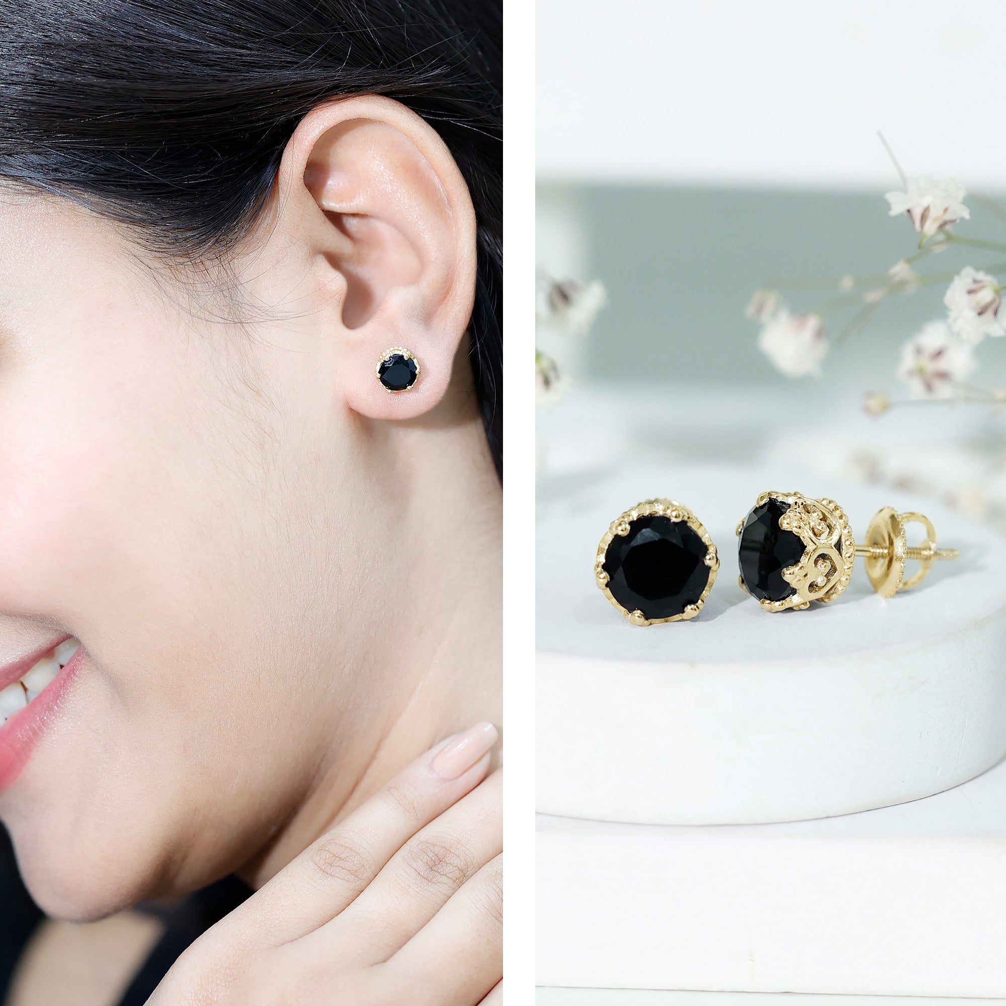 Vintage Lab Created Black Diamond Stud Earrings For Women AAAA ( Synthetic ) - Rosec Jewels