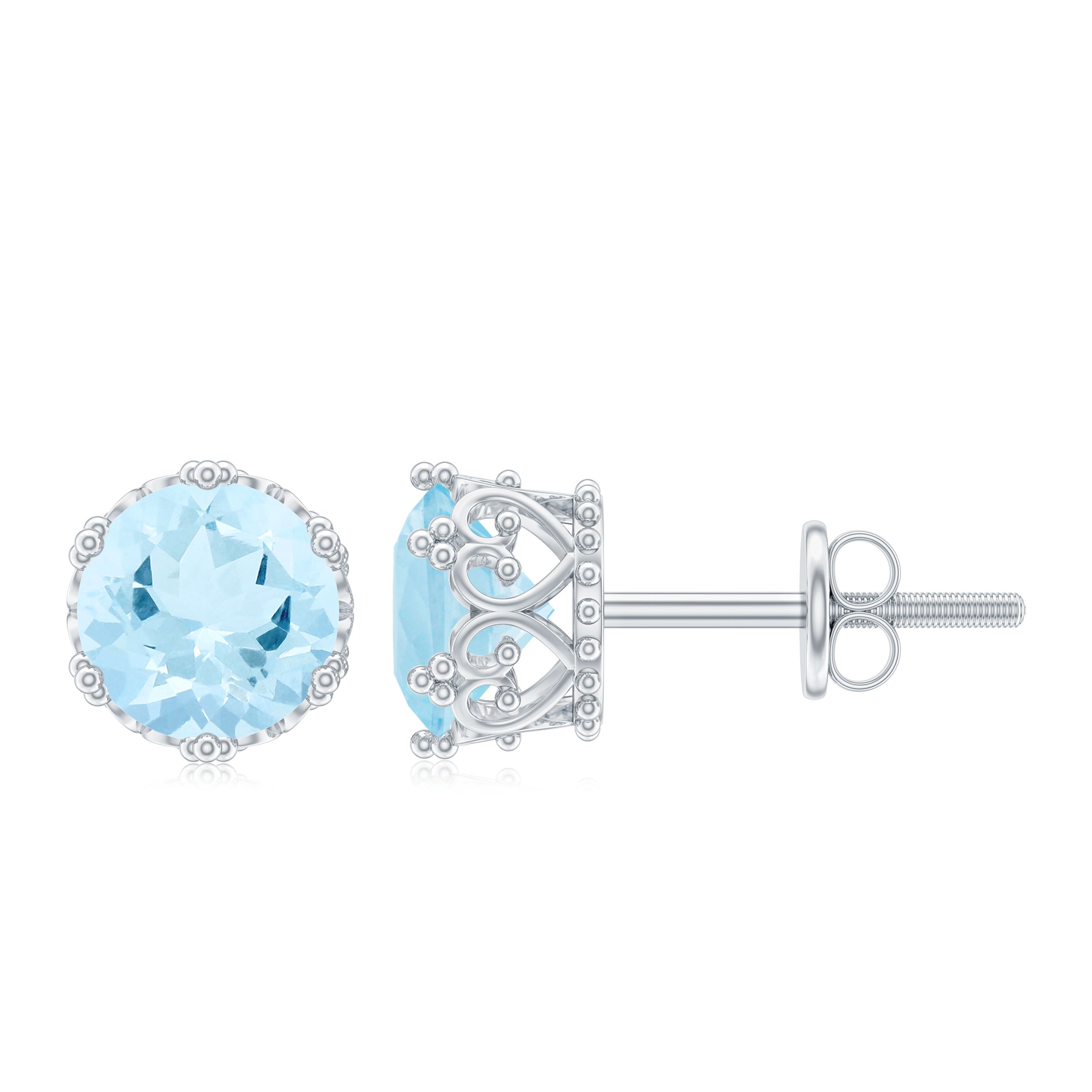 6 MM Aquamarine Solitaire Crown Stud Earrings