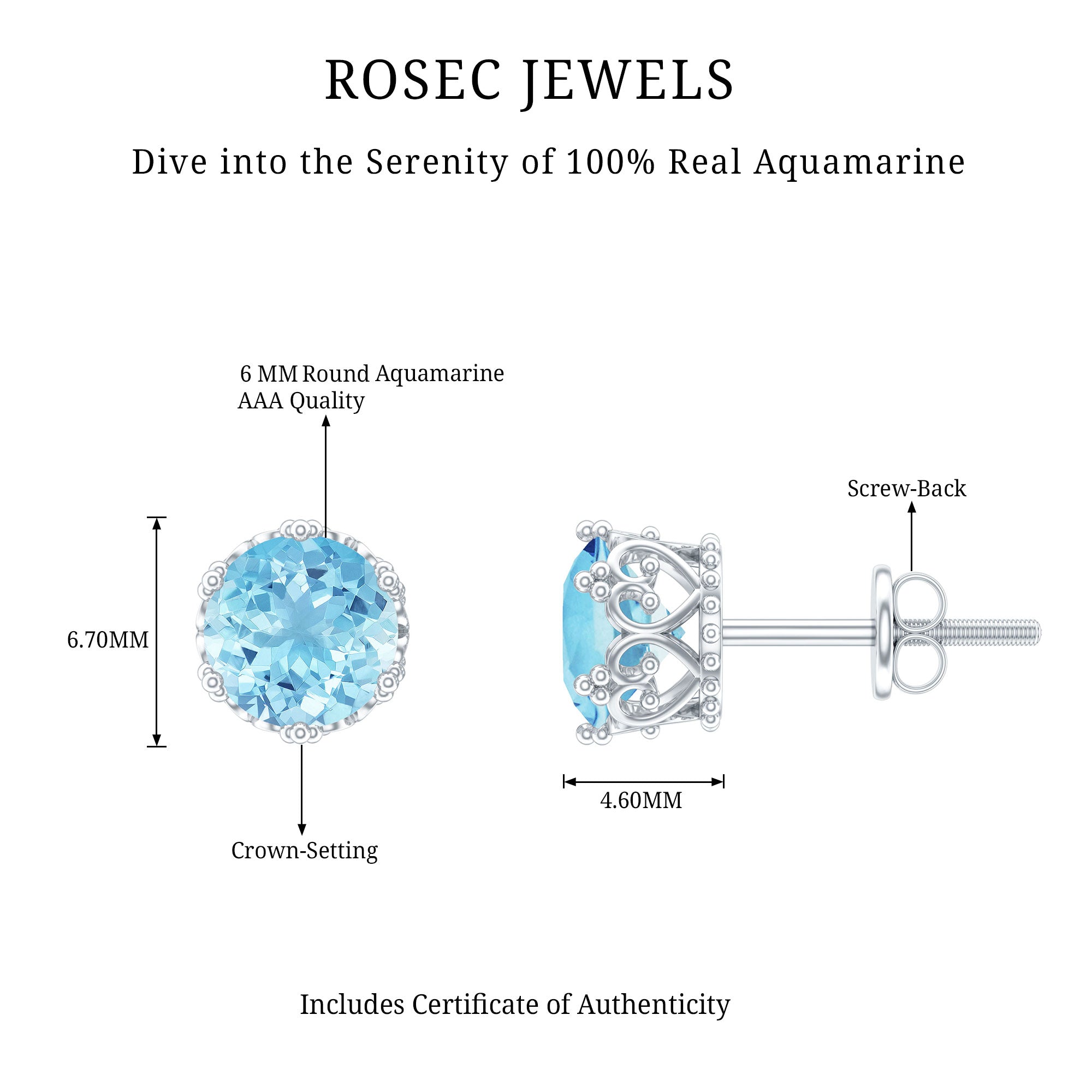 1.6 Carat Genuine Aquamarine Crown Stud Earrings AAA - Rosec Jewels