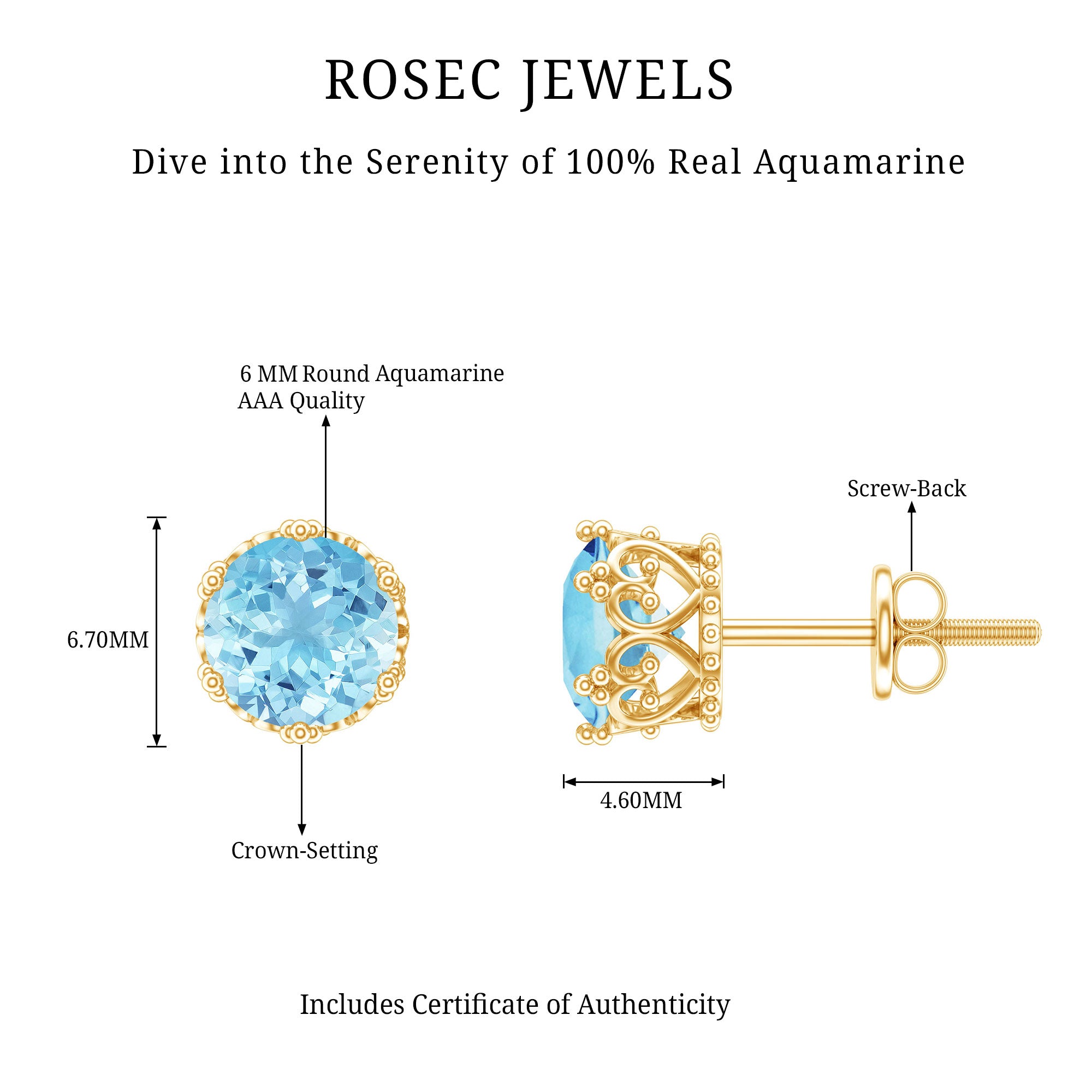 1.6 Carat Genuine Aquamarine Crown Stud Earrings AAA - Rosec Jewels