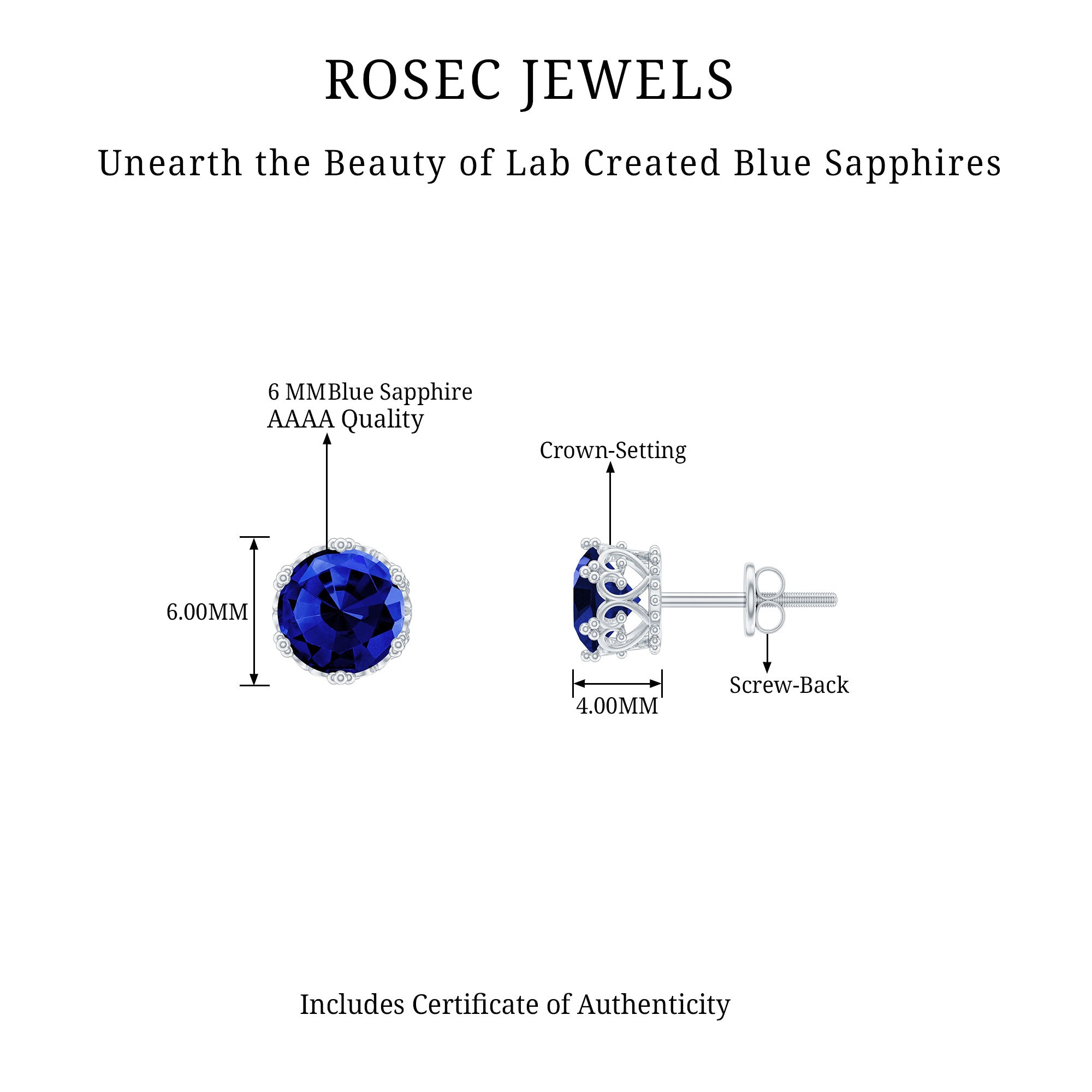 2 CT Created Blue Sapphire Solitaire Crown Stud Earrings AAAA - Rosec Jewels