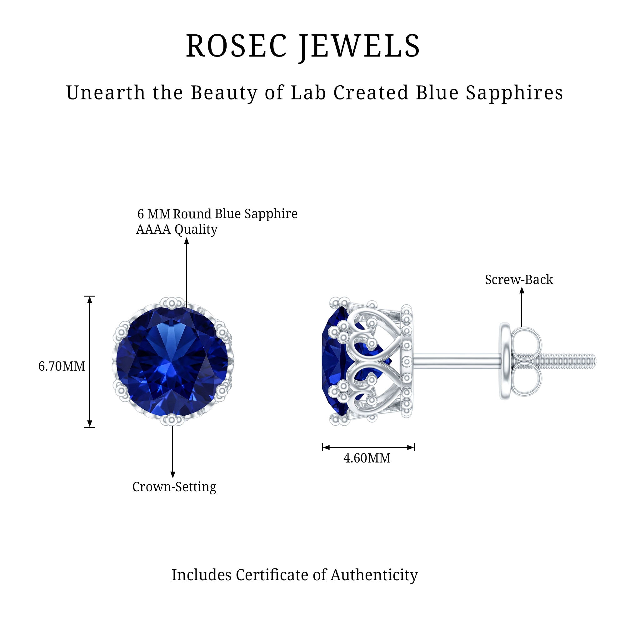 2 Carat Solitaire Lab Created Blue Sapphire Crown Stud Earrings AAAA - Rosec Jewels
