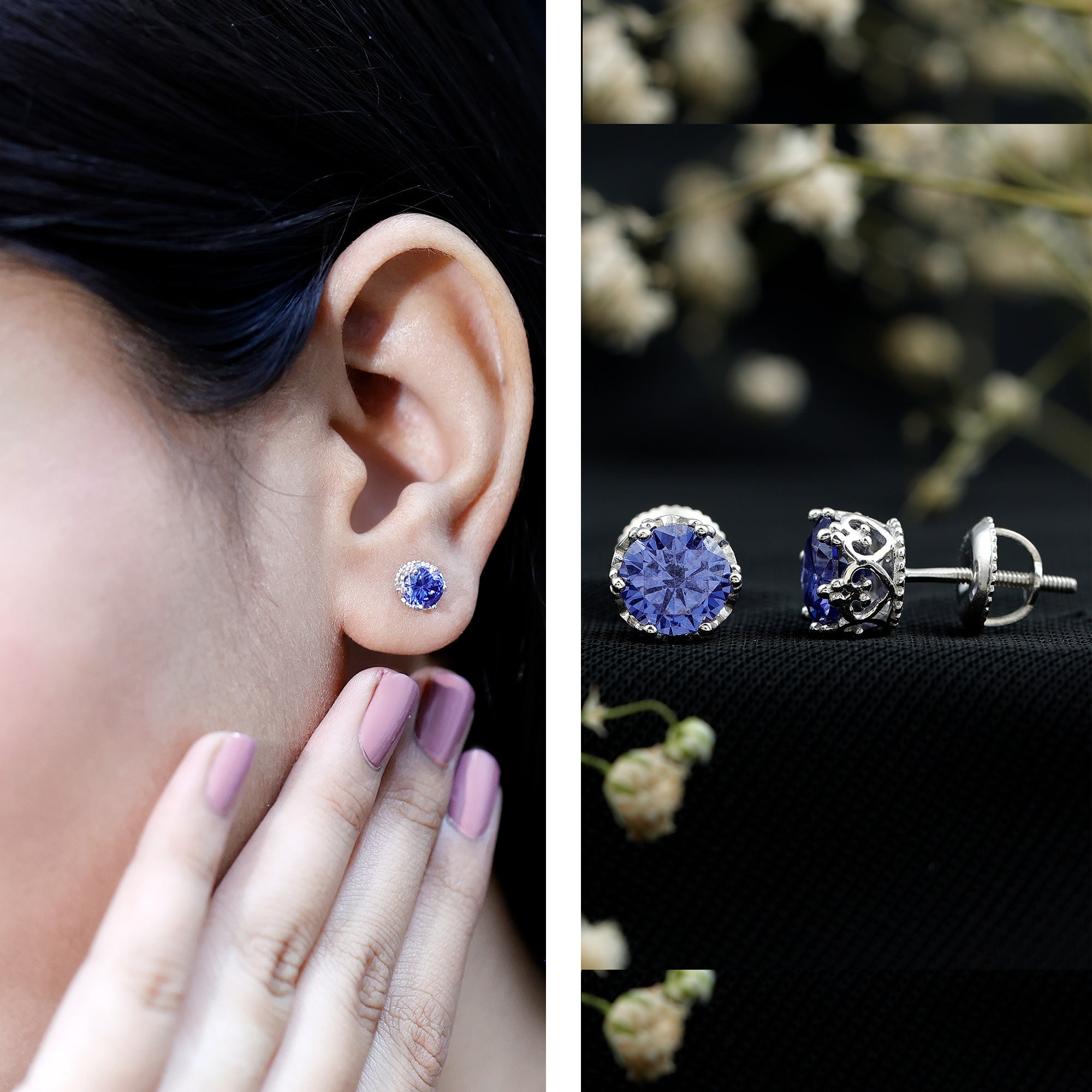 2 CT Created Blue Sapphire Solitaire Crown Stud Earrings AAAA - Rosec Jewels