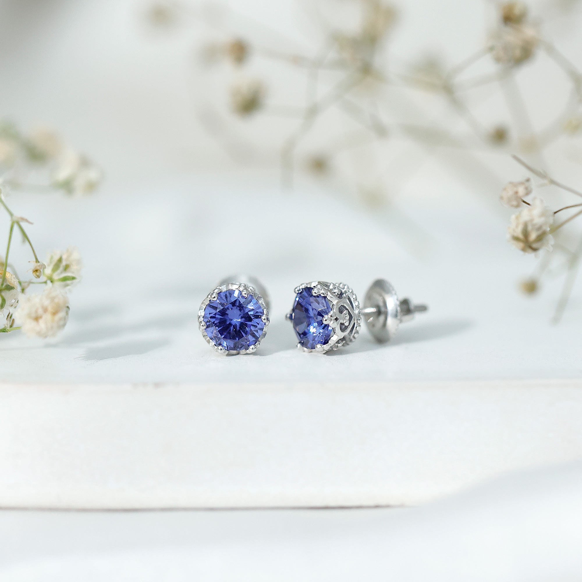 2 CT Created Blue Sapphire Solitaire Crown Stud Earrings AAAA - Rosec Jewels