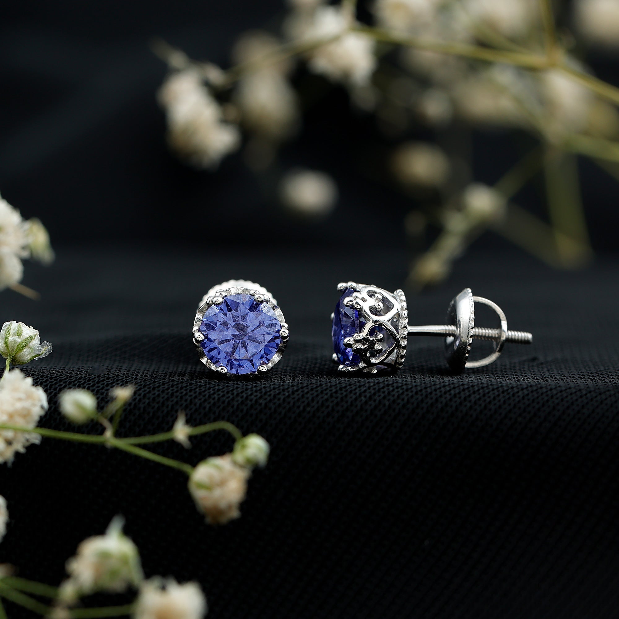 2 CT Created Blue Sapphire Solitaire Crown Stud Earrings AAAA - Rosec Jewels
