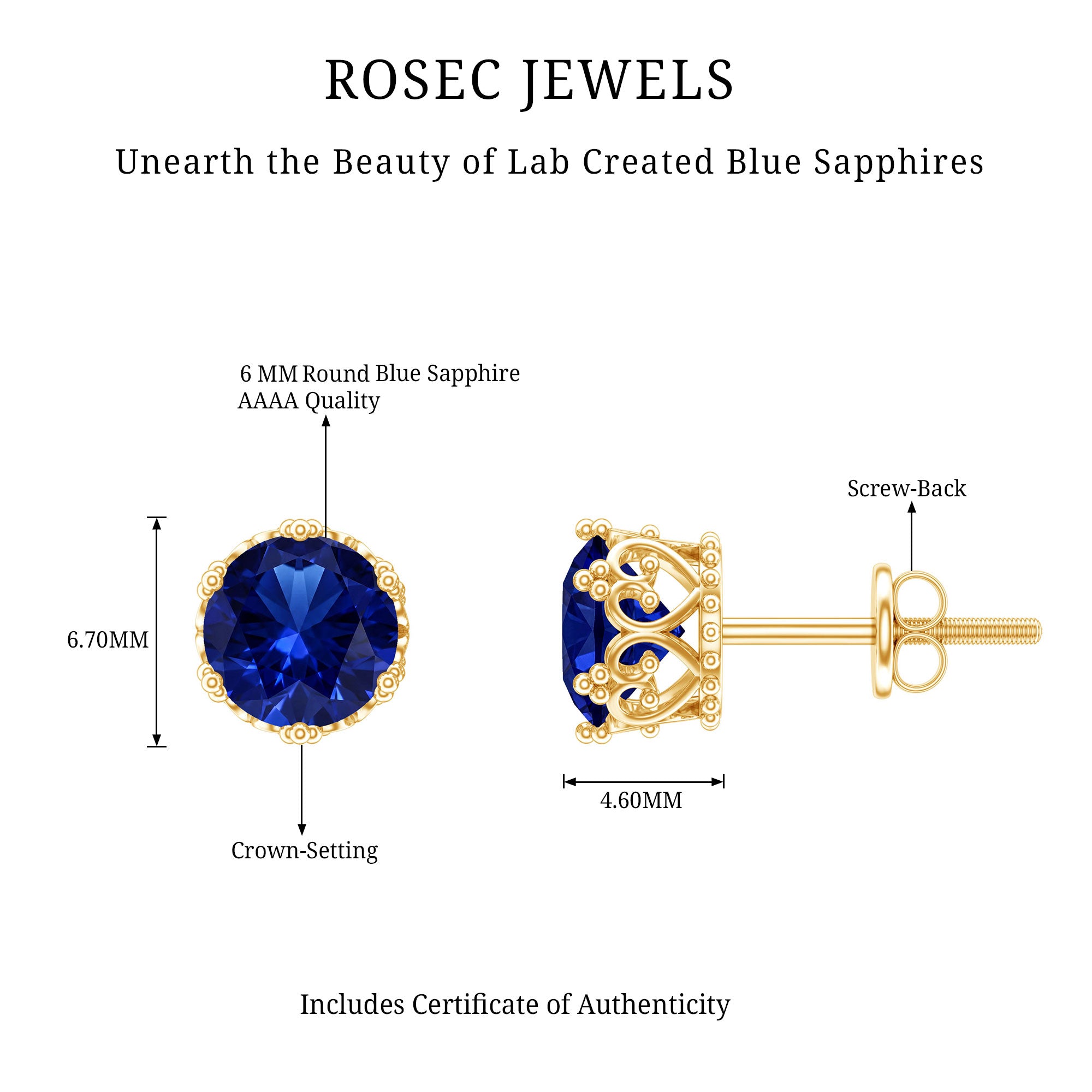 2 Carat Solitaire Lab Created Blue Sapphire Crown Stud Earrings AAAA - Rosec Jewels