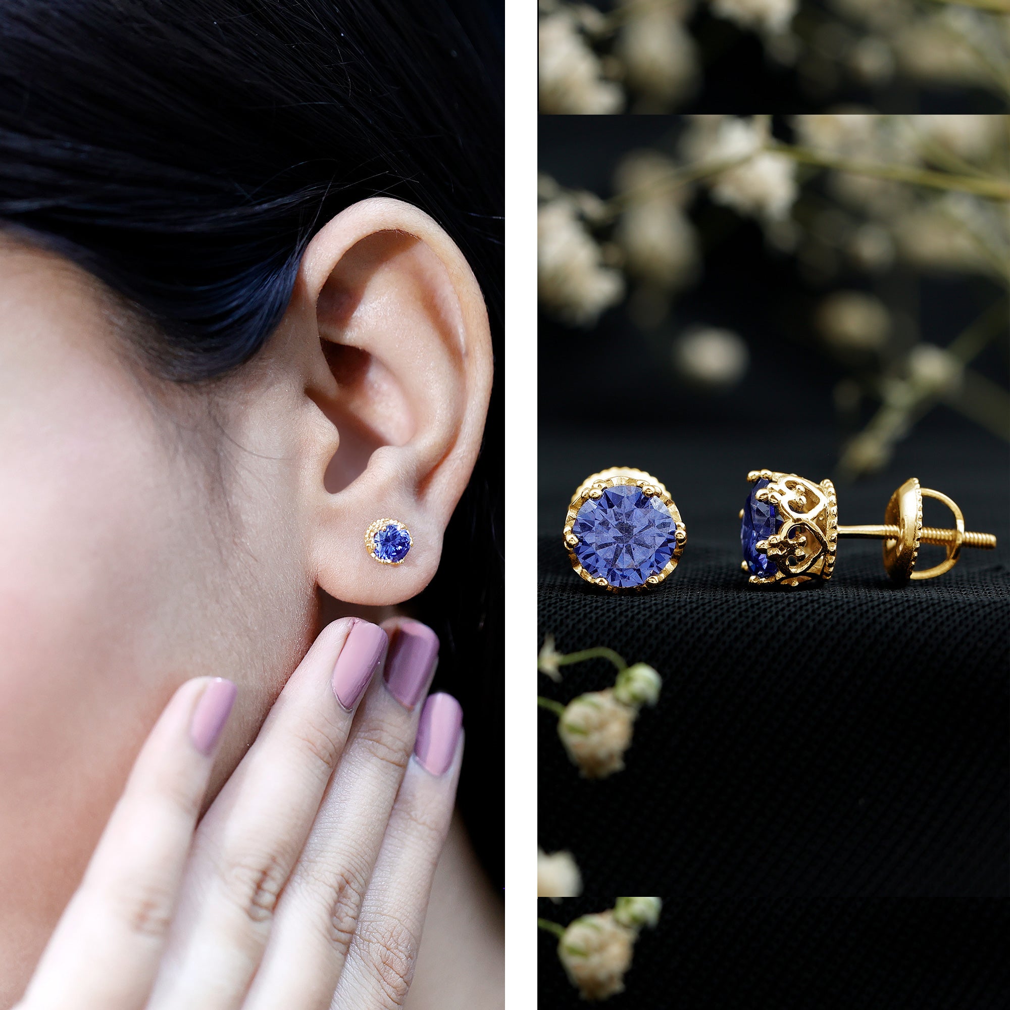 2 CT Created Blue Sapphire Solitaire Crown Stud Earrings AAAA - Rosec Jewels